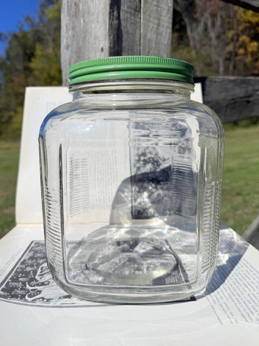 Vintage 1950s Anchor Hocking Green Lidded Glass Hoosier Jar