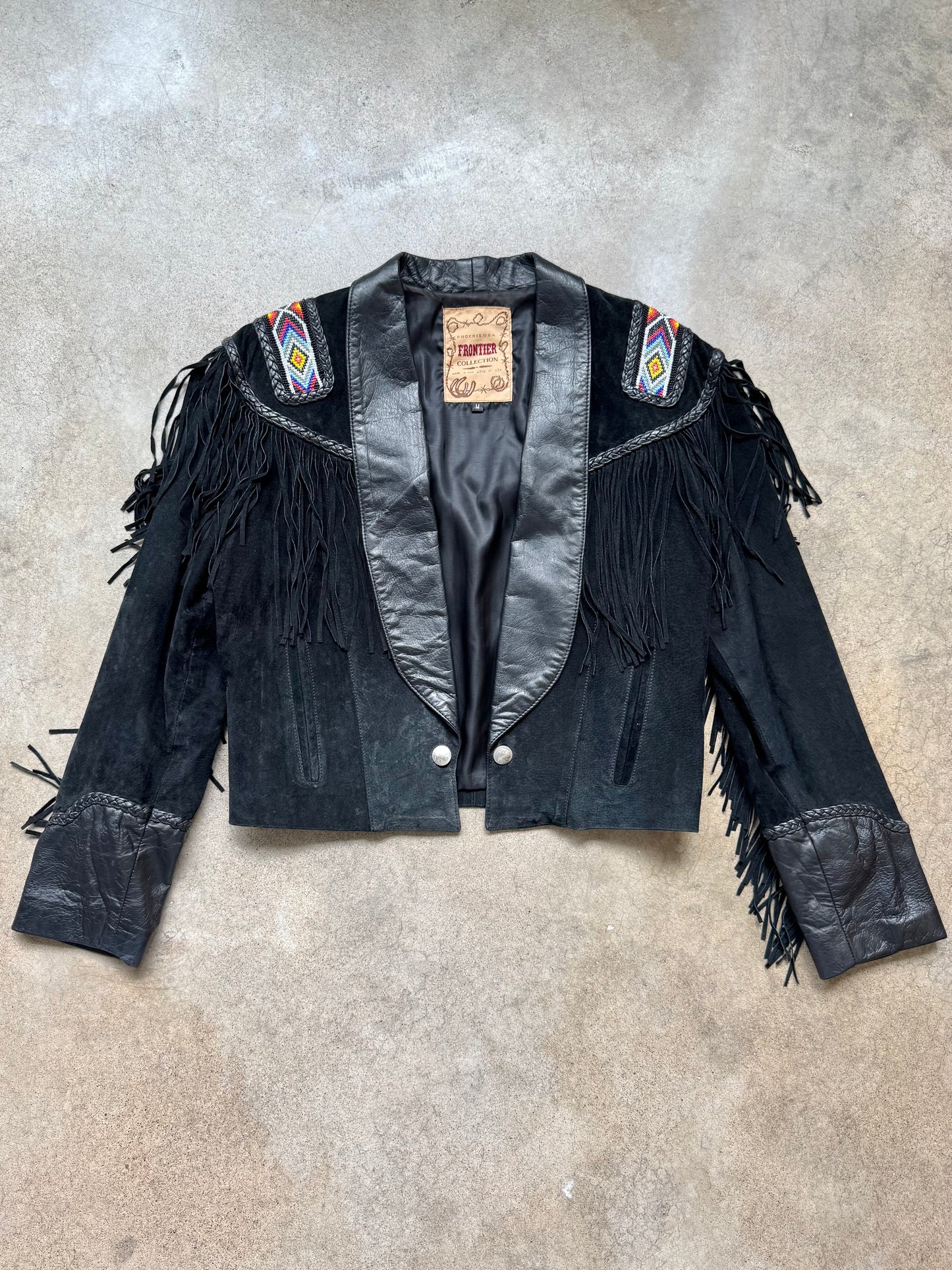 Vintage 1980s Frontier Collection Black Suede Leather Beaded Fringe Western Jacket | Medium