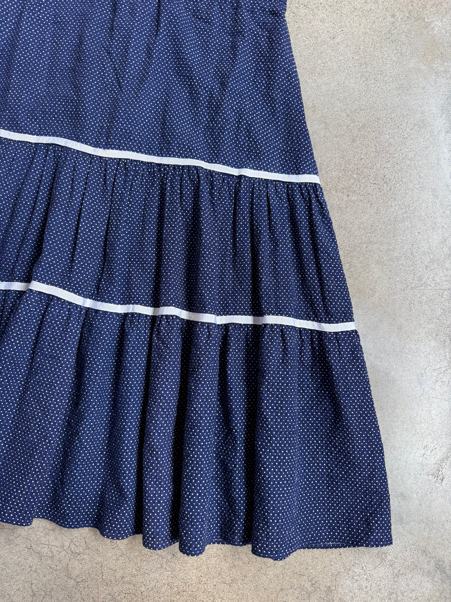 Vintage 1960s Blue & White Polka Dot Cotton Tiered Western Skirt | Waist 30”