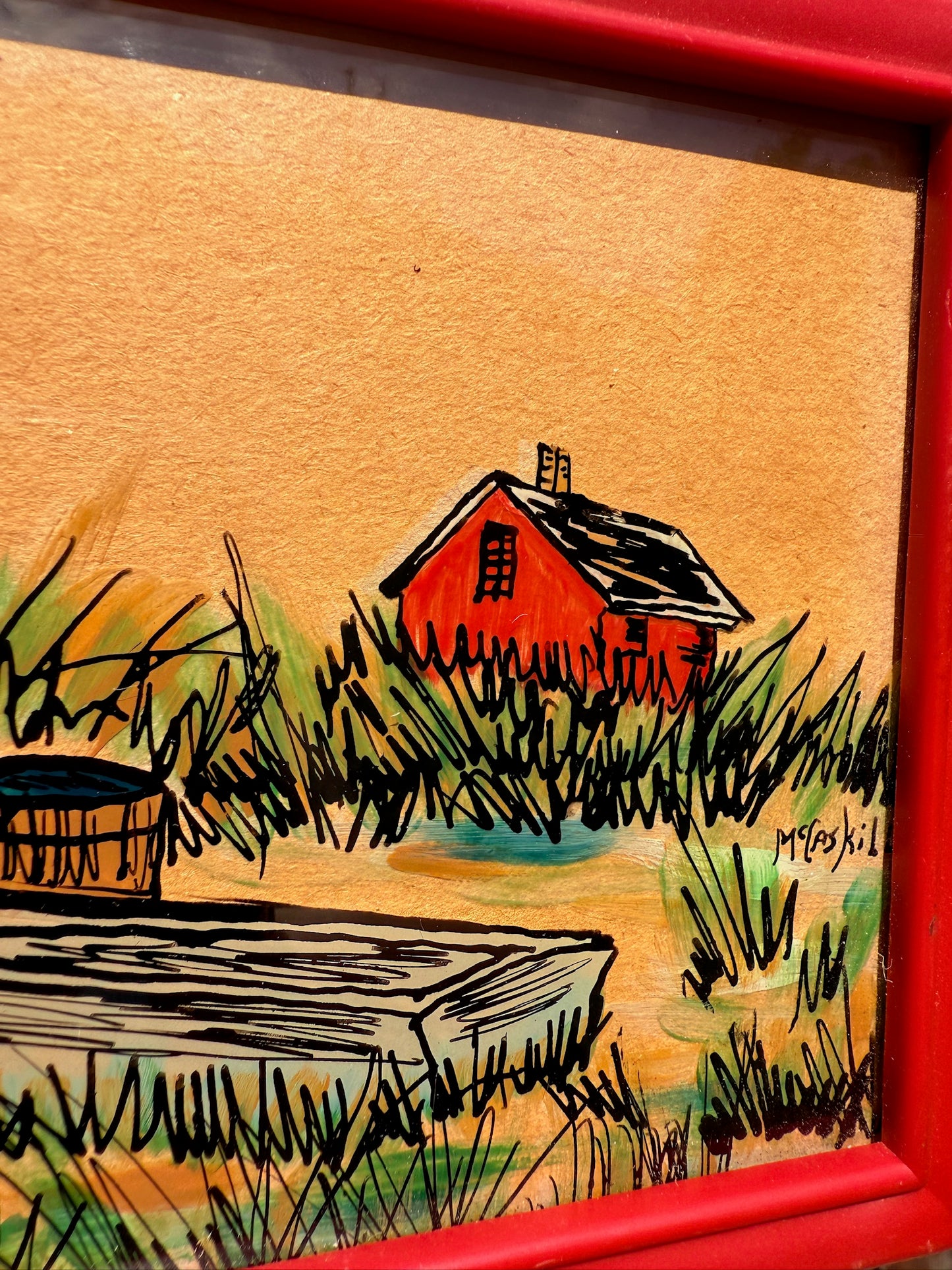 Vintage 1970s Framed & Signed McCaskil Rural Farm Scene Painting on Glass