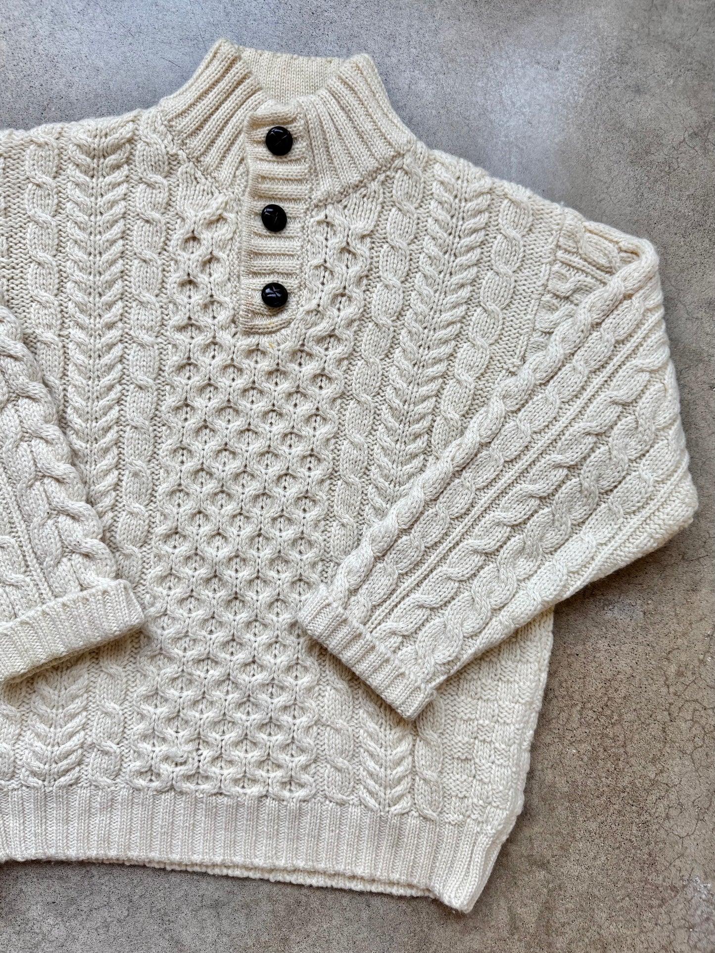 Vintage L.L. Bean Irish Wool Buttoned Mock Neck Fisherman Sweater | Medium