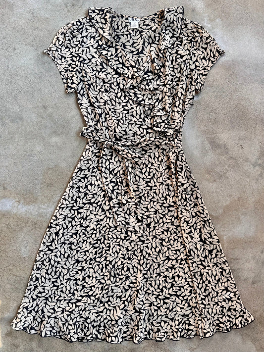 Vintage 1990s J.B.S. Black & Cream Floral Ruffle Trim Tie-Waist Dress | M/L