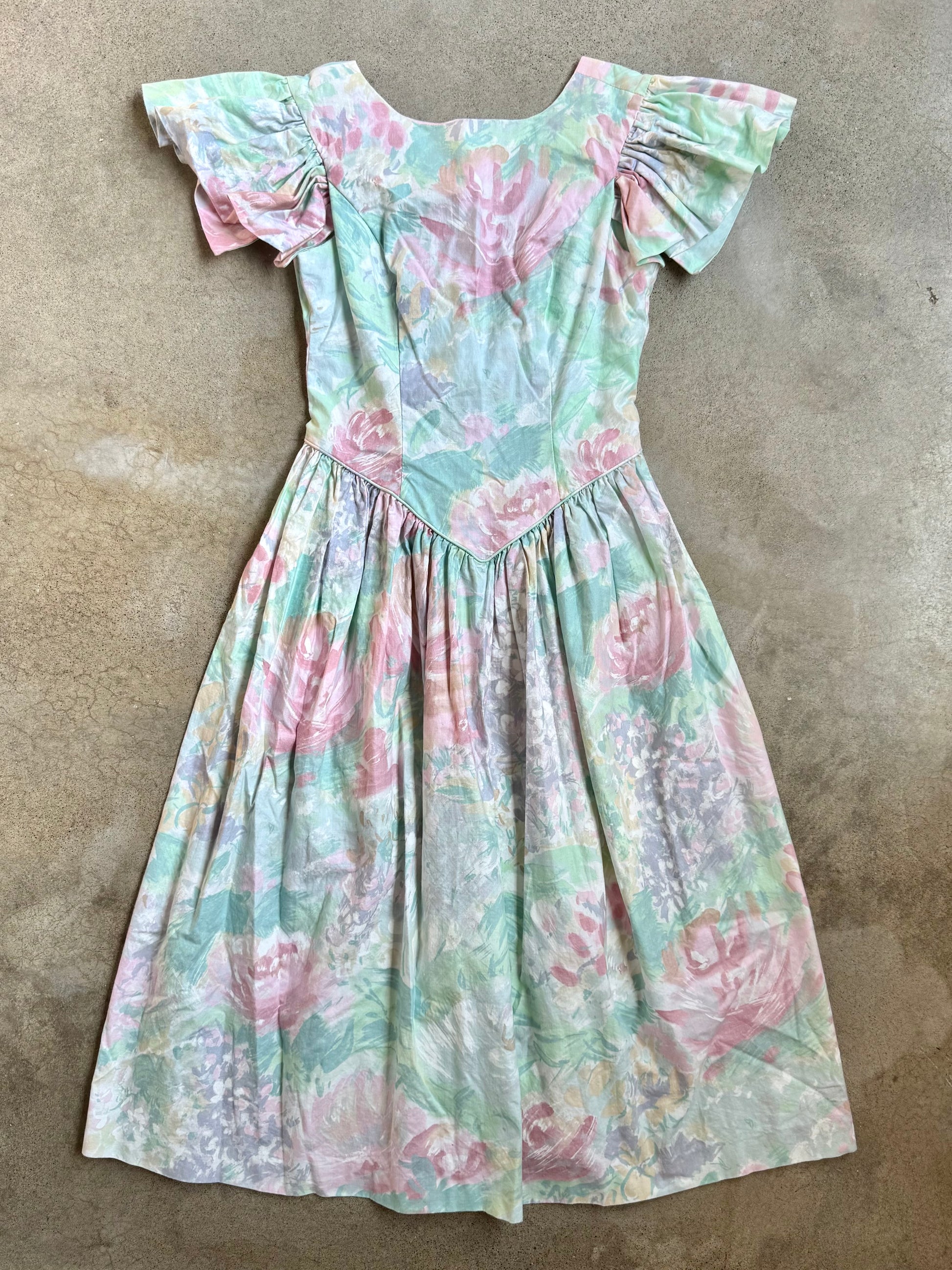 Vintage 1980s JCPenney Pastel Floral Flutter Sleeve Formal Dress