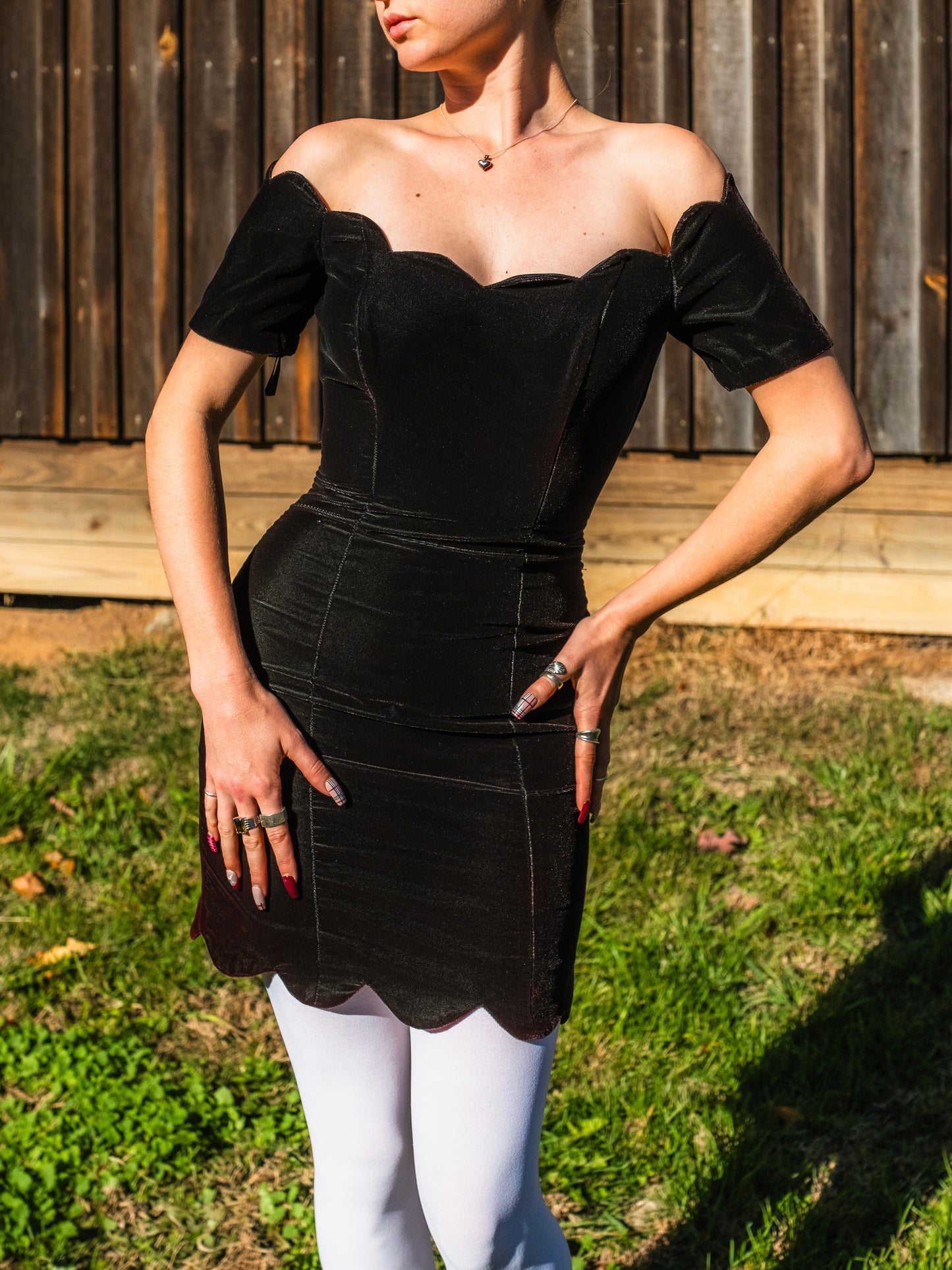 Vintage 1980s Rampage Dark Green Velvet Scalloped Off-Shoulder Mini Dress | XS