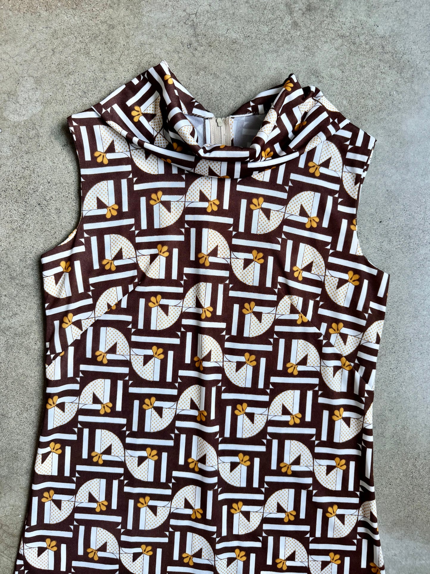 Vintage 1960s Handmade Brown & Yellow Geometric Floral Mod Dress | S/M
