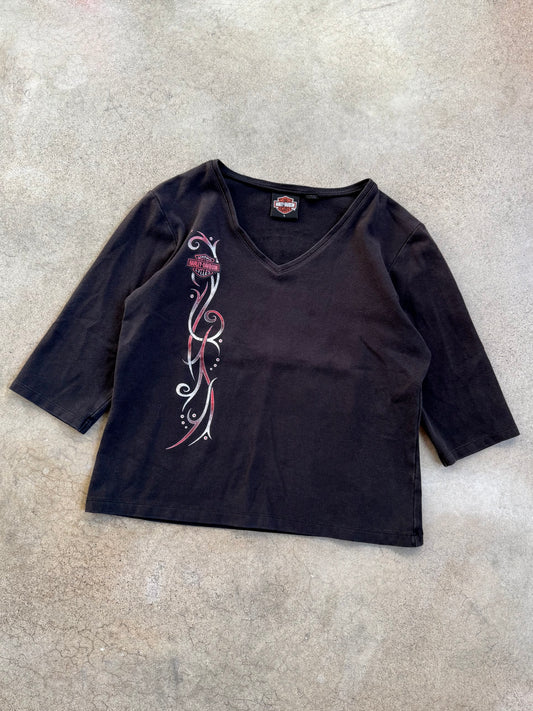 2000s Chi-Town Harley Davidson Cropped Cotton V-Neck Graphic Tee | Large