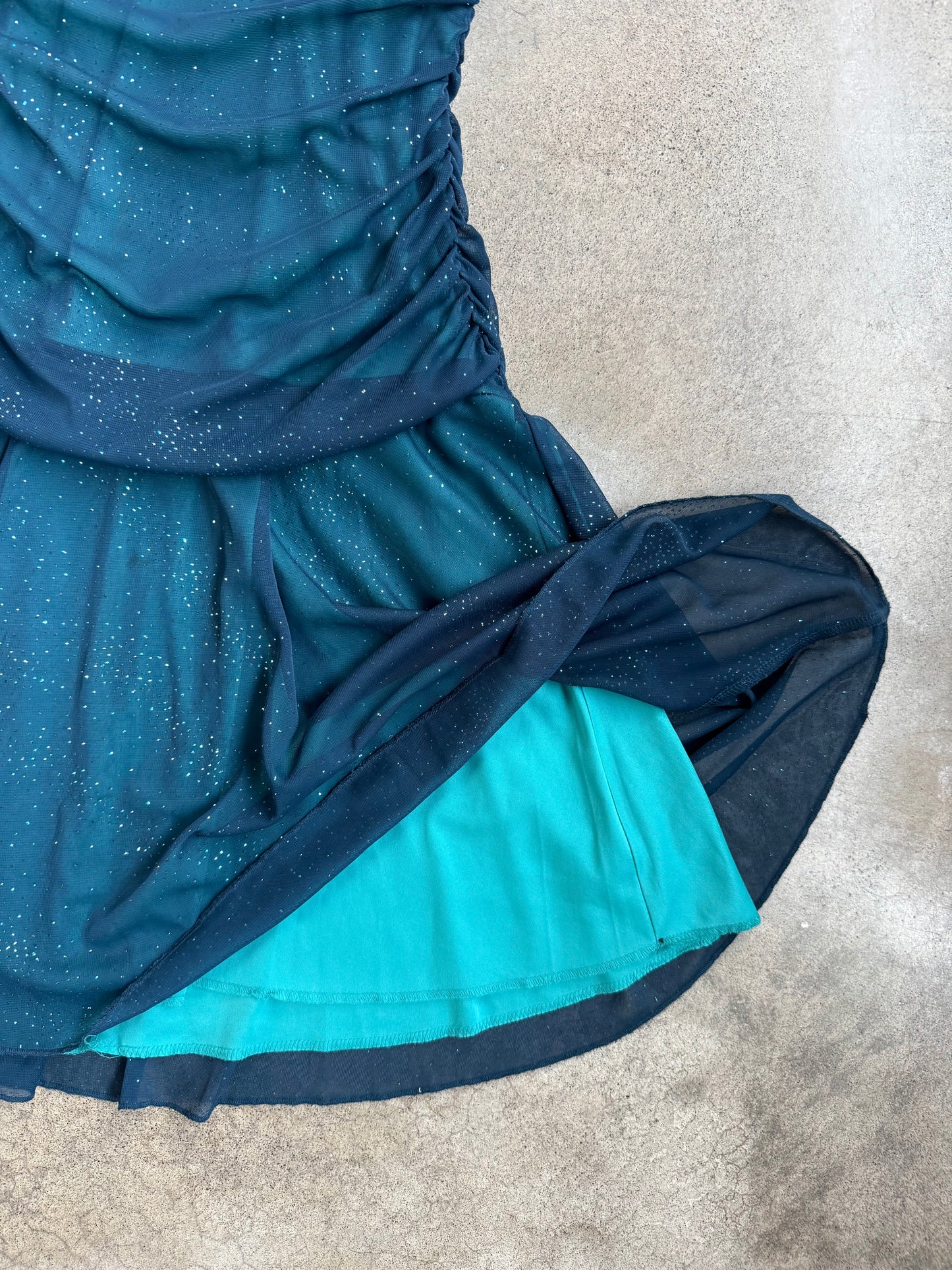 2000s City Triangles Sparkly Teal Ruched Mini Party Dress | S/M