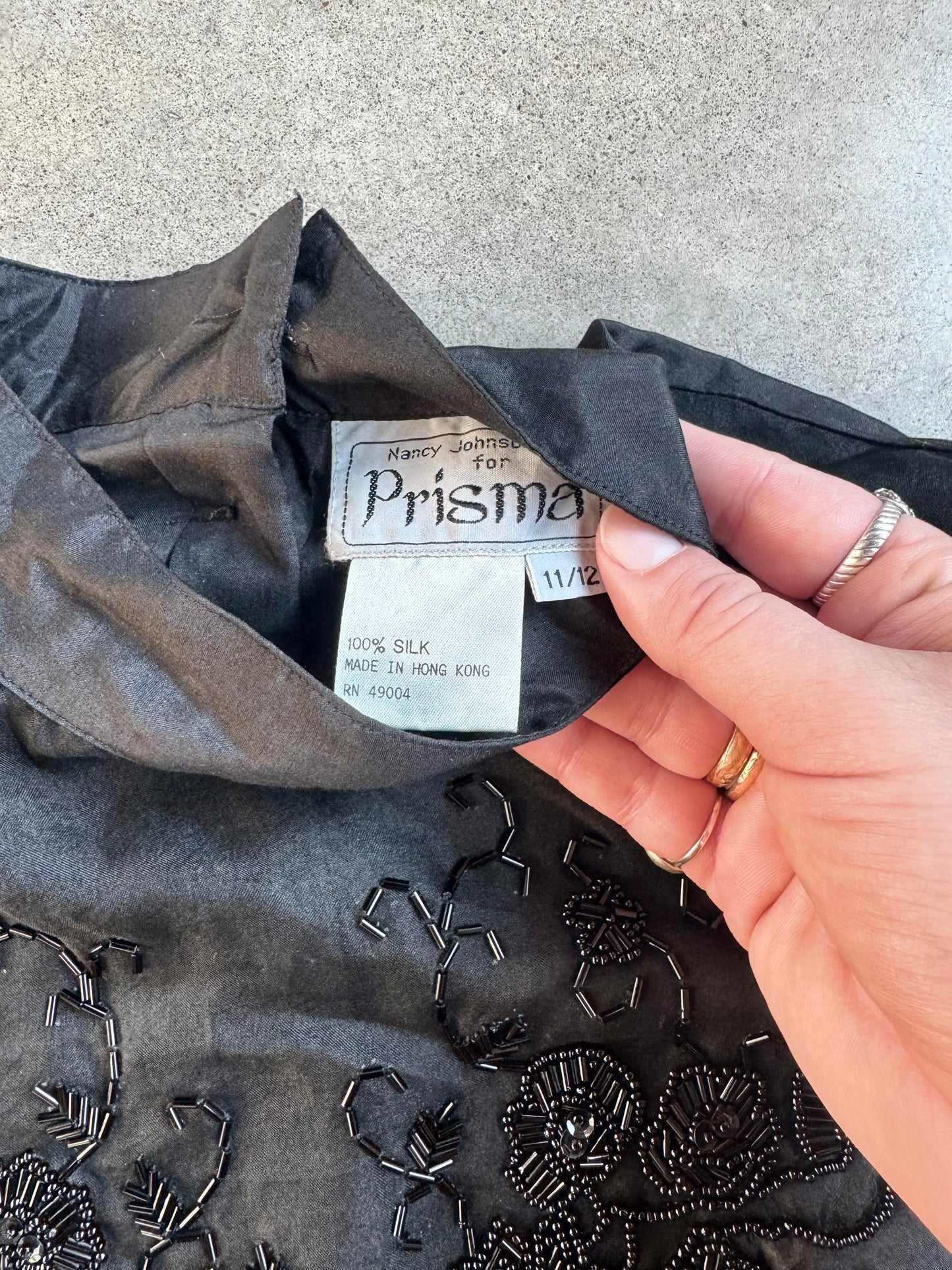 Vintage 1980s Nancy Johnson for Prisma Black Beaded 100% Silk Blouse | Medium
