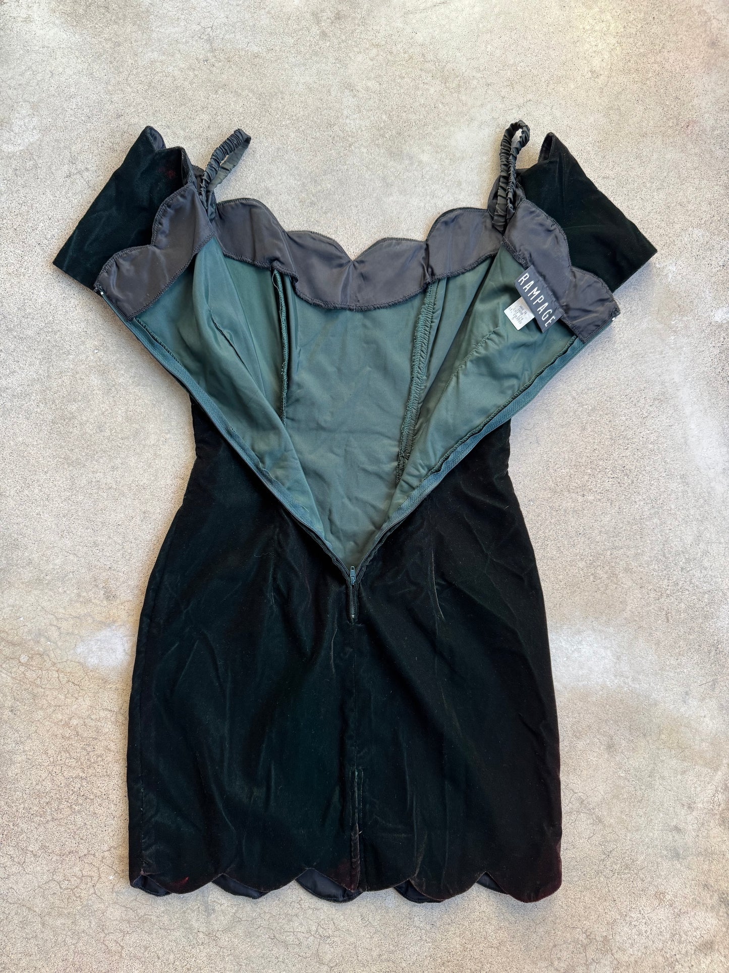 Vintage 1980s Rampage Dark Green Velvet Scalloped Off-Shoulder Mini Dress | XS