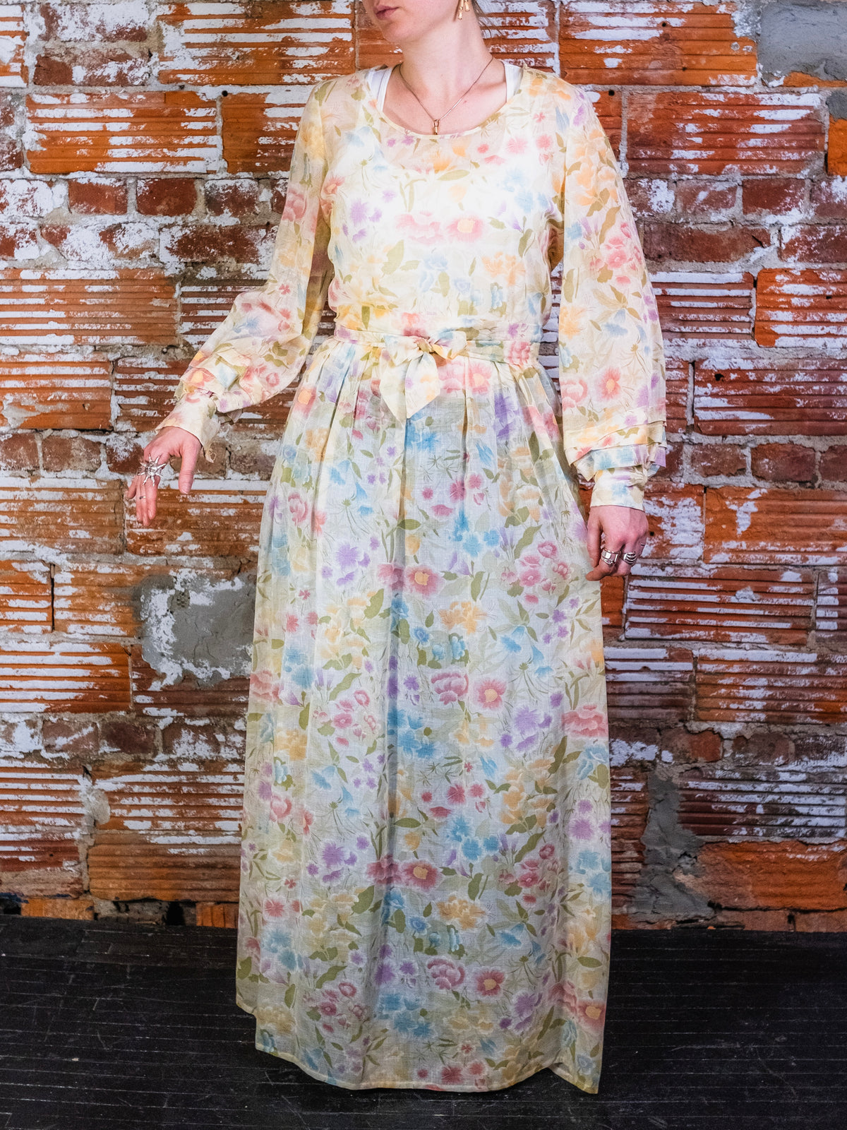 Vintage 1970s Handmade Sheer Pastel Floral Tie-Waist Maxi Dress | Small
