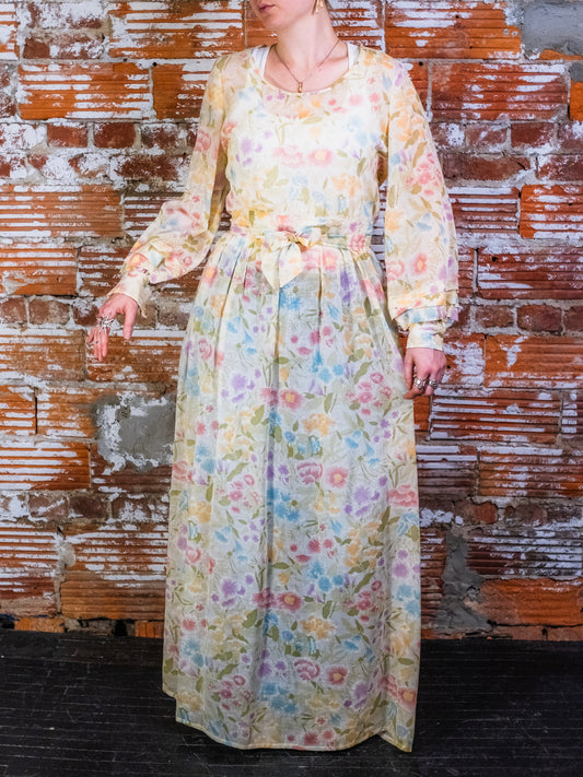Vintage 1970s Handmade Sheer Pastel Floral Tie-Waist Maxi Dress | Small