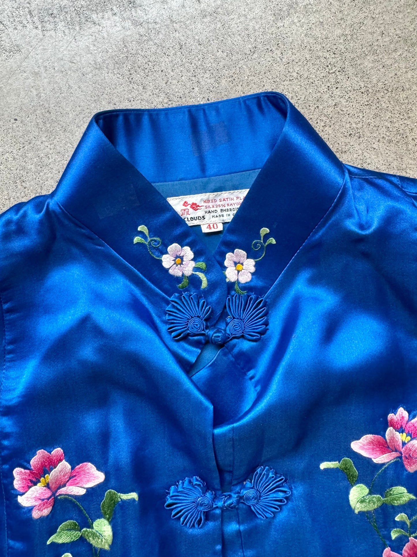 Vintage 1960s Red Clouds Hand-Embroidered Floral Silk-Blend Chinese Tang Jacket | 40