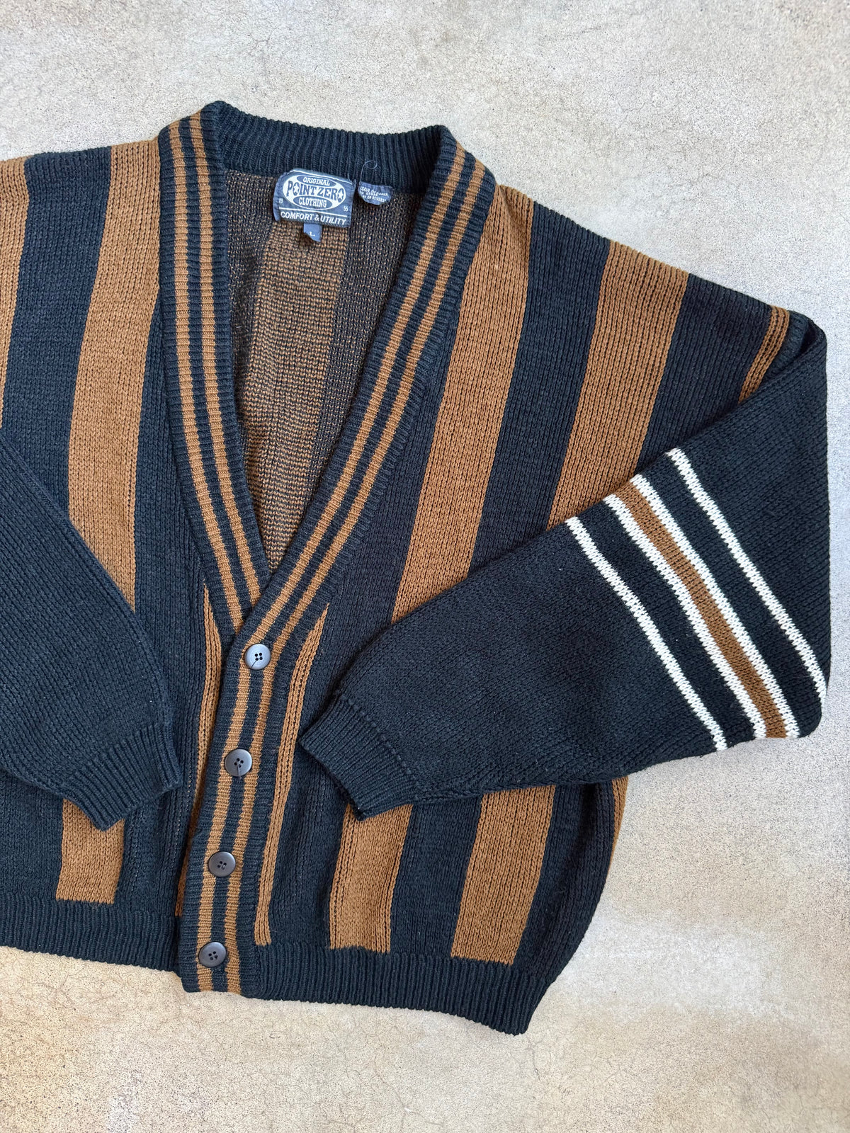 Vintage 1990s Point Zero Brown & Black Striped Cardigan | Large