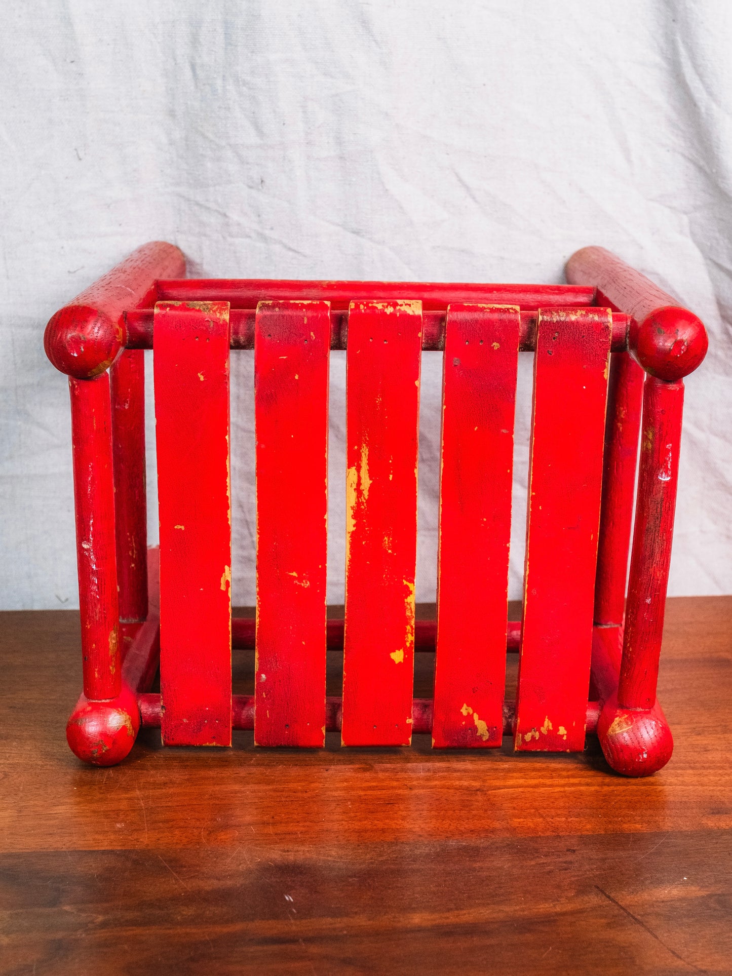 Vintage Farmhouse-Style Red Wood Slat Footstool