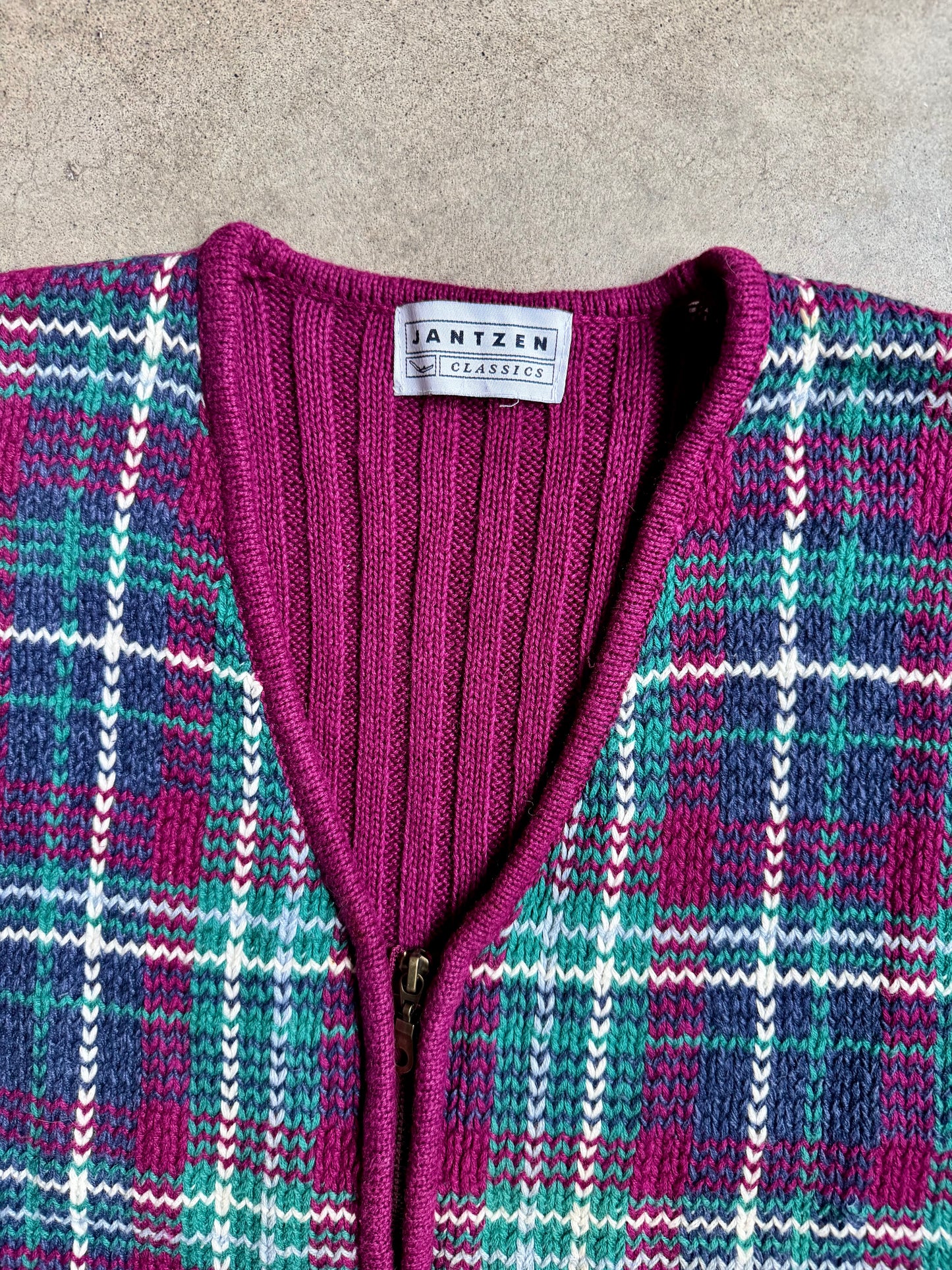 Vintage 1980s Jantzen Plaid Knit Zip-Up Sweater Vest | XL