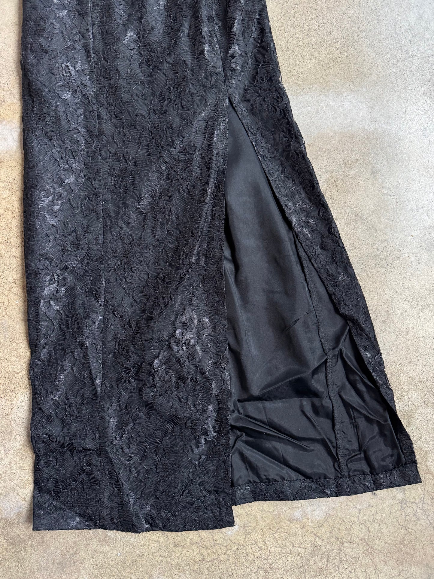 Vintage 1980s L.A. Glo Black Lace High-Slit Formal Dress | XS