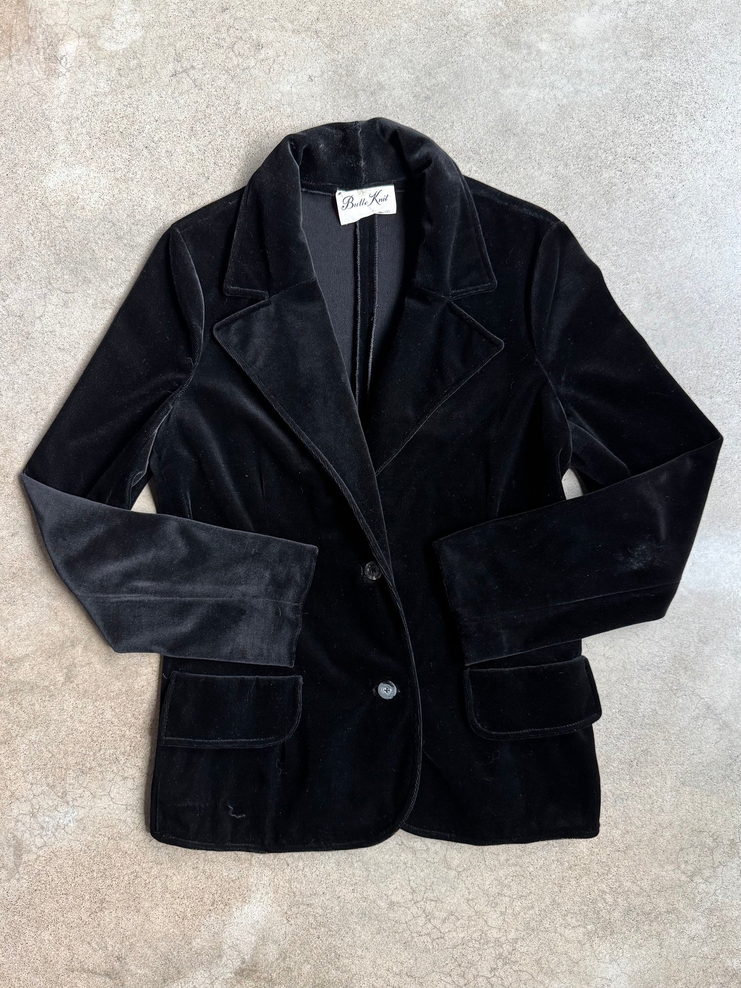 Vintage 1960s Butte Knit Black Velour Blazer | Medium