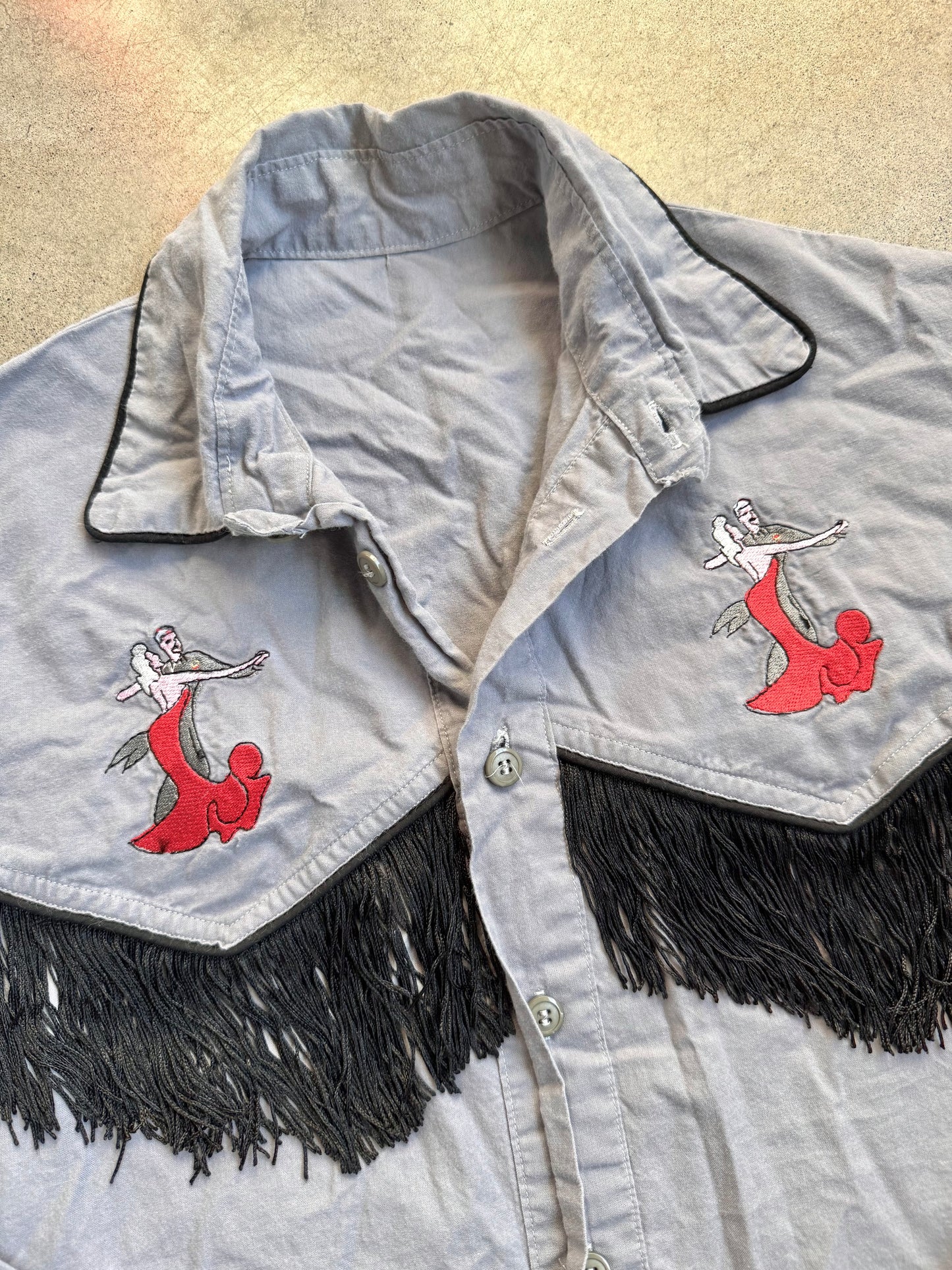 Vintage 1970s Grey & Black Fringe "Dancers" Western Shirt | Large