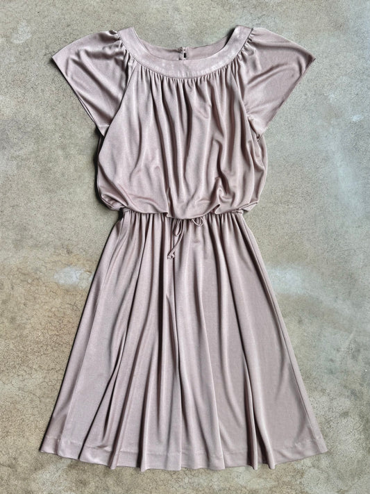 Vintage 1980s Taupe Cinch-Waist Flutter Sleeve Dress | S/M