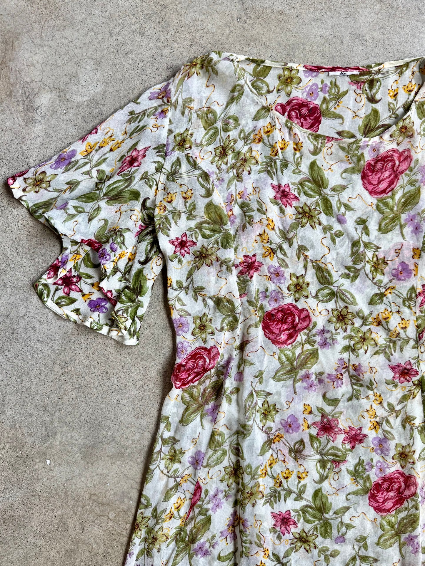 Vintage 1980s Sheer Floral Print Tie-Back Flutter Sleeve Summer Dress | M/L