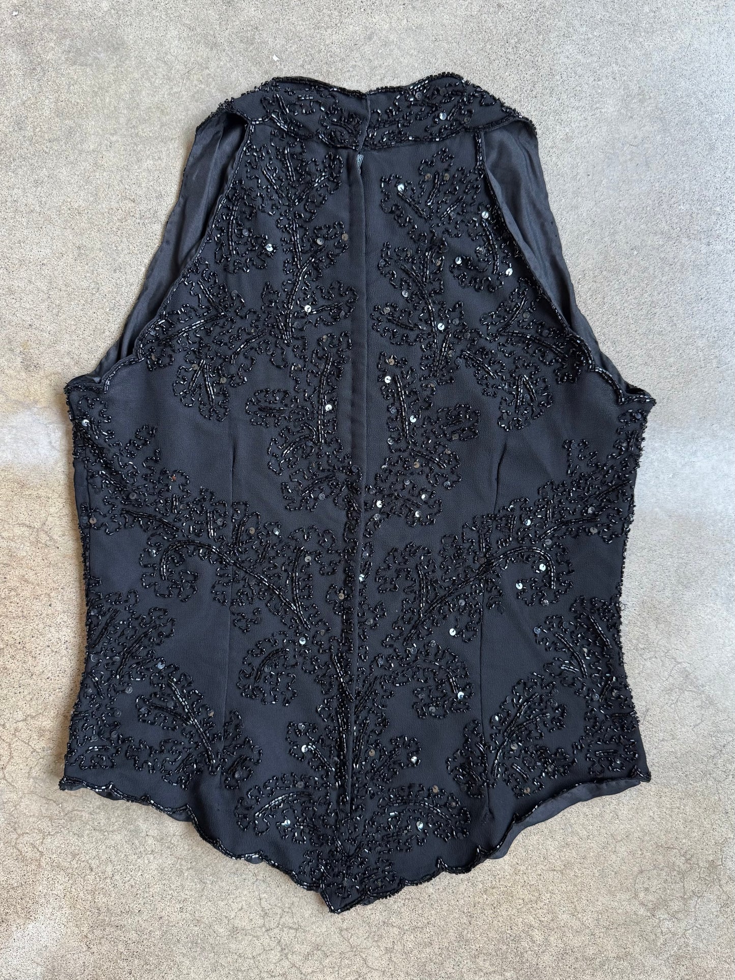 Vintage 1990s J Kara New York Black Beaded V-Neck Scalloped Sleeveless Top | Medium