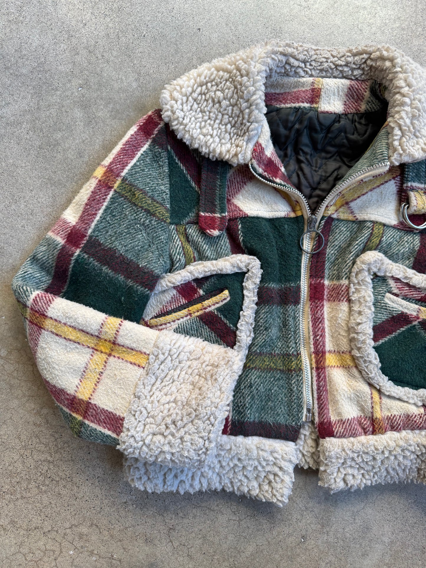 Vintage 1970s Green & Red Plaid Sherpa Lined Cropped Jacket | XS
