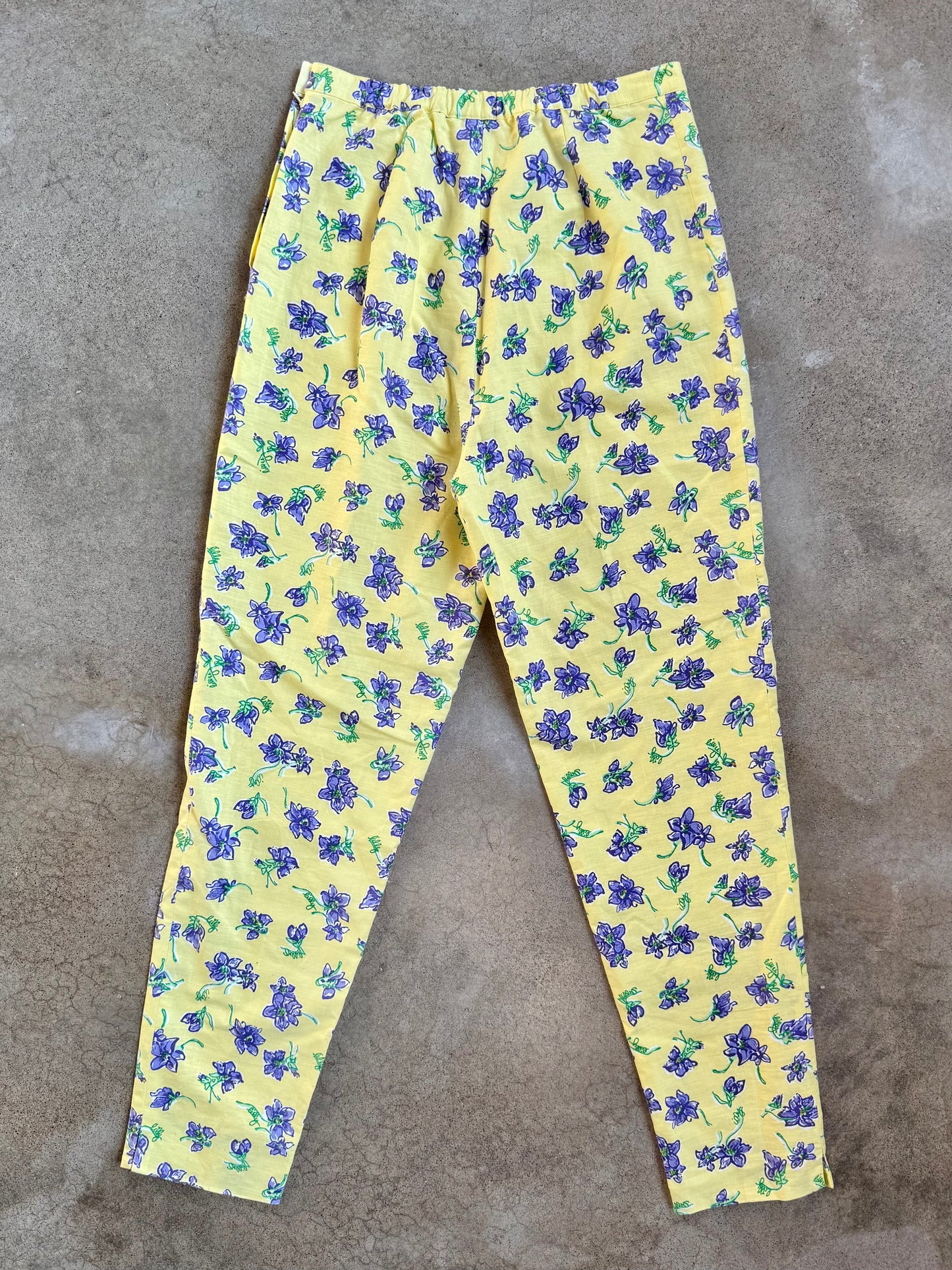 Vintage 1990s Lilly Pulitzer Yellow & Purple Floral High-Waisted Linen Pants | 8