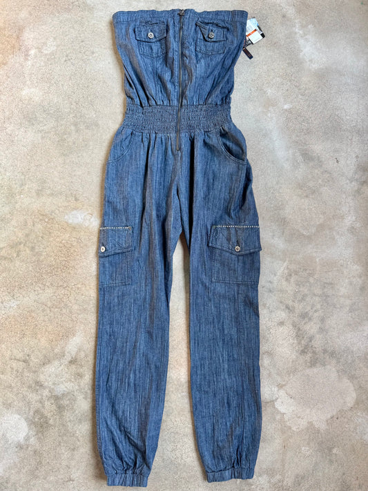 2000s Deréon Zip-Front Strapless Utility-Style Denim Jumpsuit | 1X