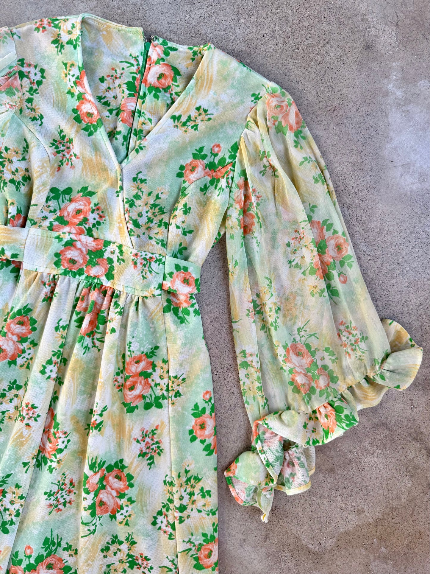 Vintage 1970s Green & Orange Floral Print Ruffle Sleeve Maxi Dress | Small
