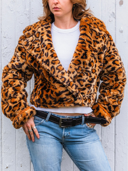 Vintage 1980s The Icing Leopard Print Faux Fur Cropped Jacket | Medium