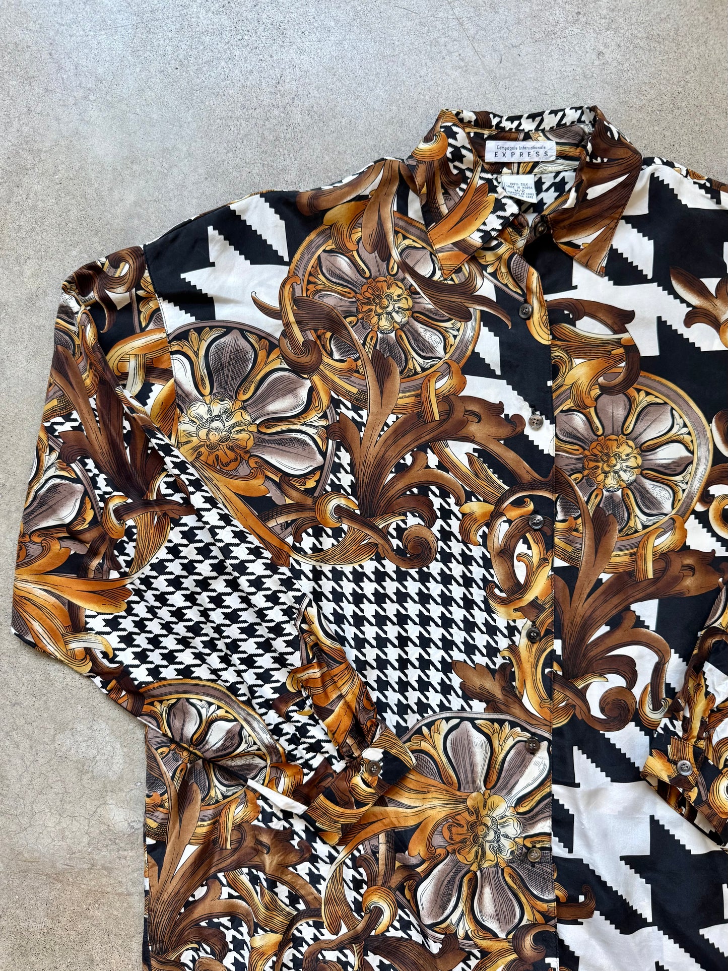 Vintage 1980s/90s Express Baroque Houndstooth Printed Silk Blouse | Medium