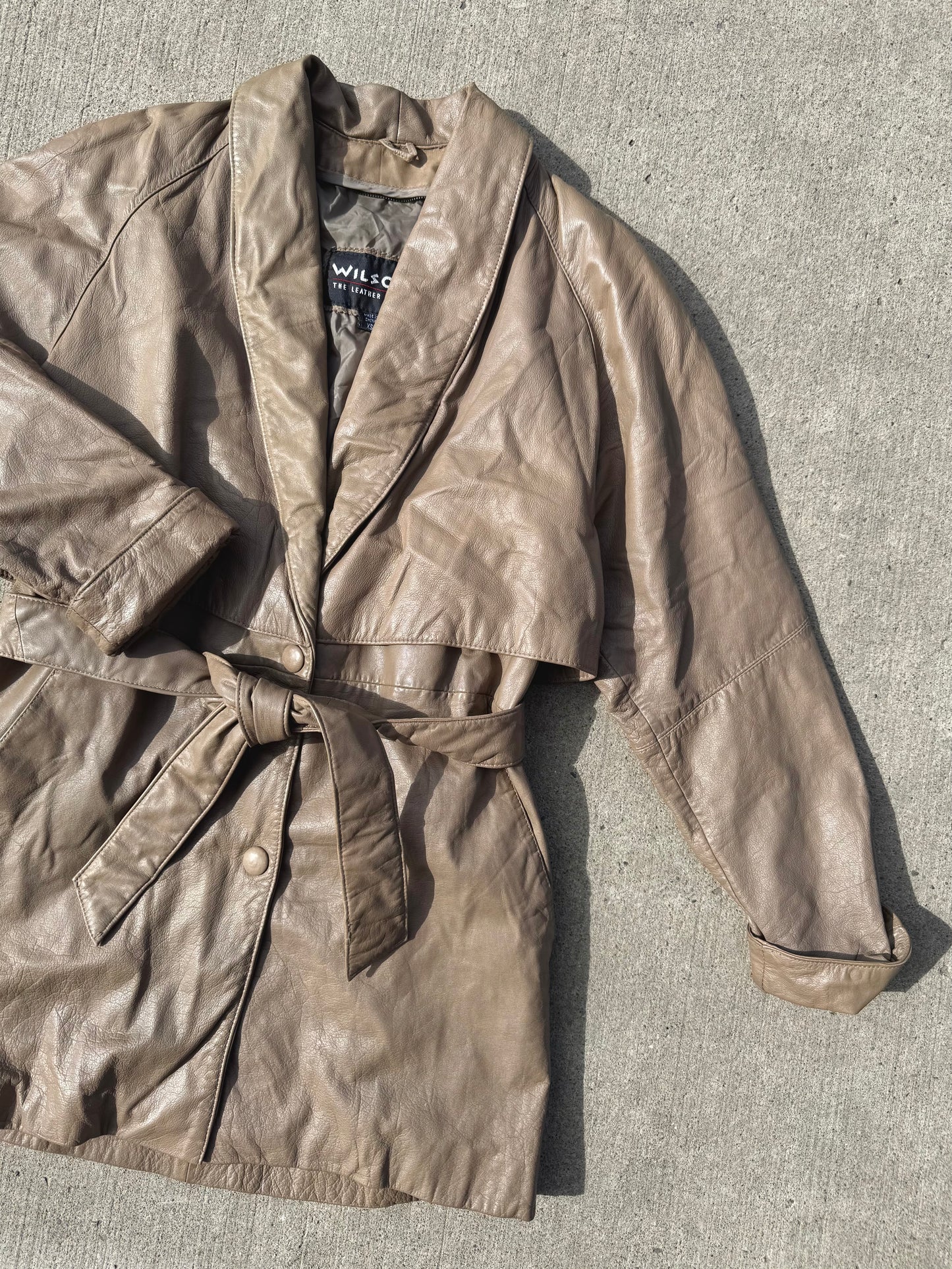 Vintage 1980s Wilsons Taupe Belted Leather Jacket | XS