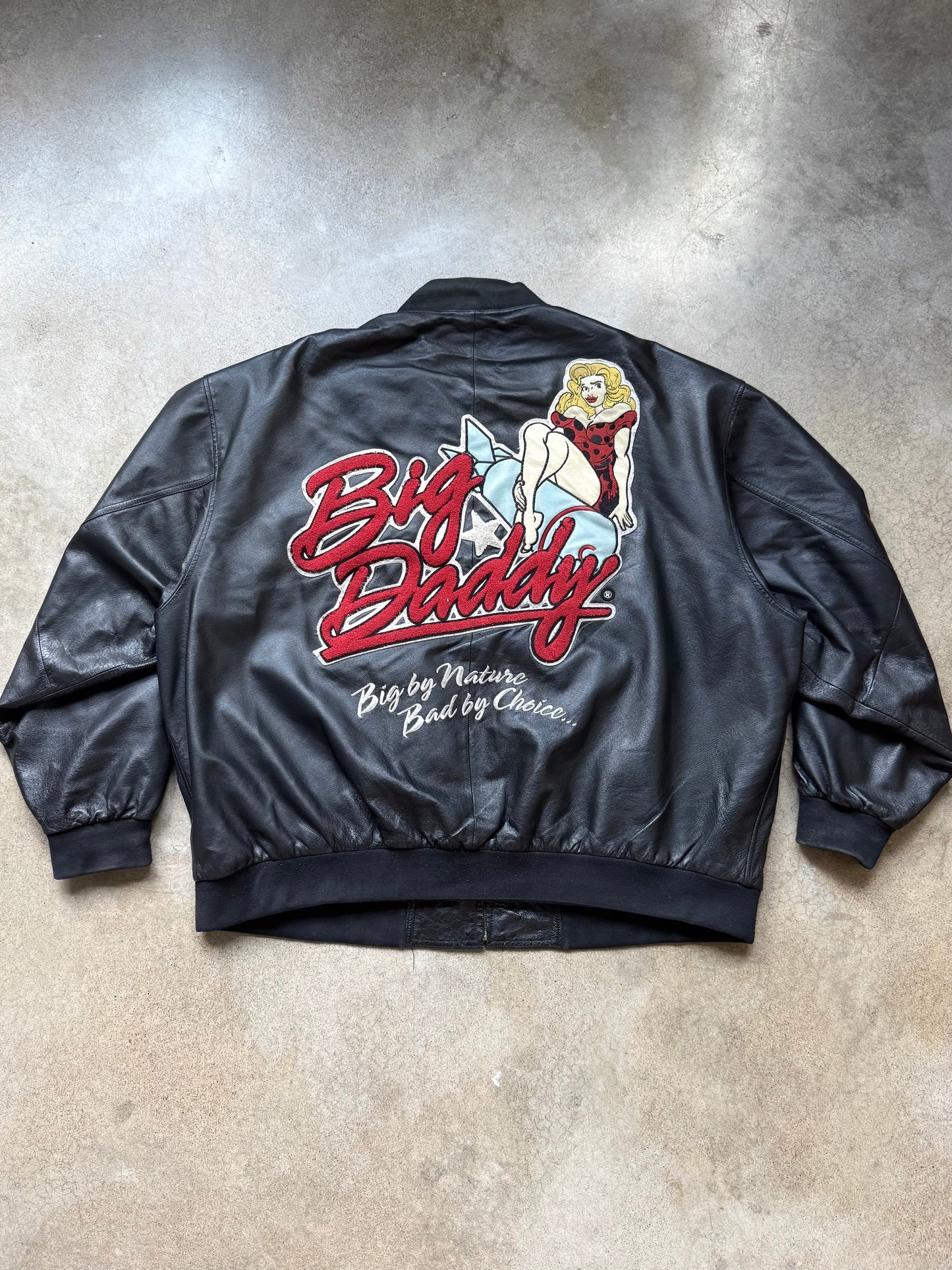 Vintage Big Daddy Embroidered Black Leather Bomber Jacket | 5XL