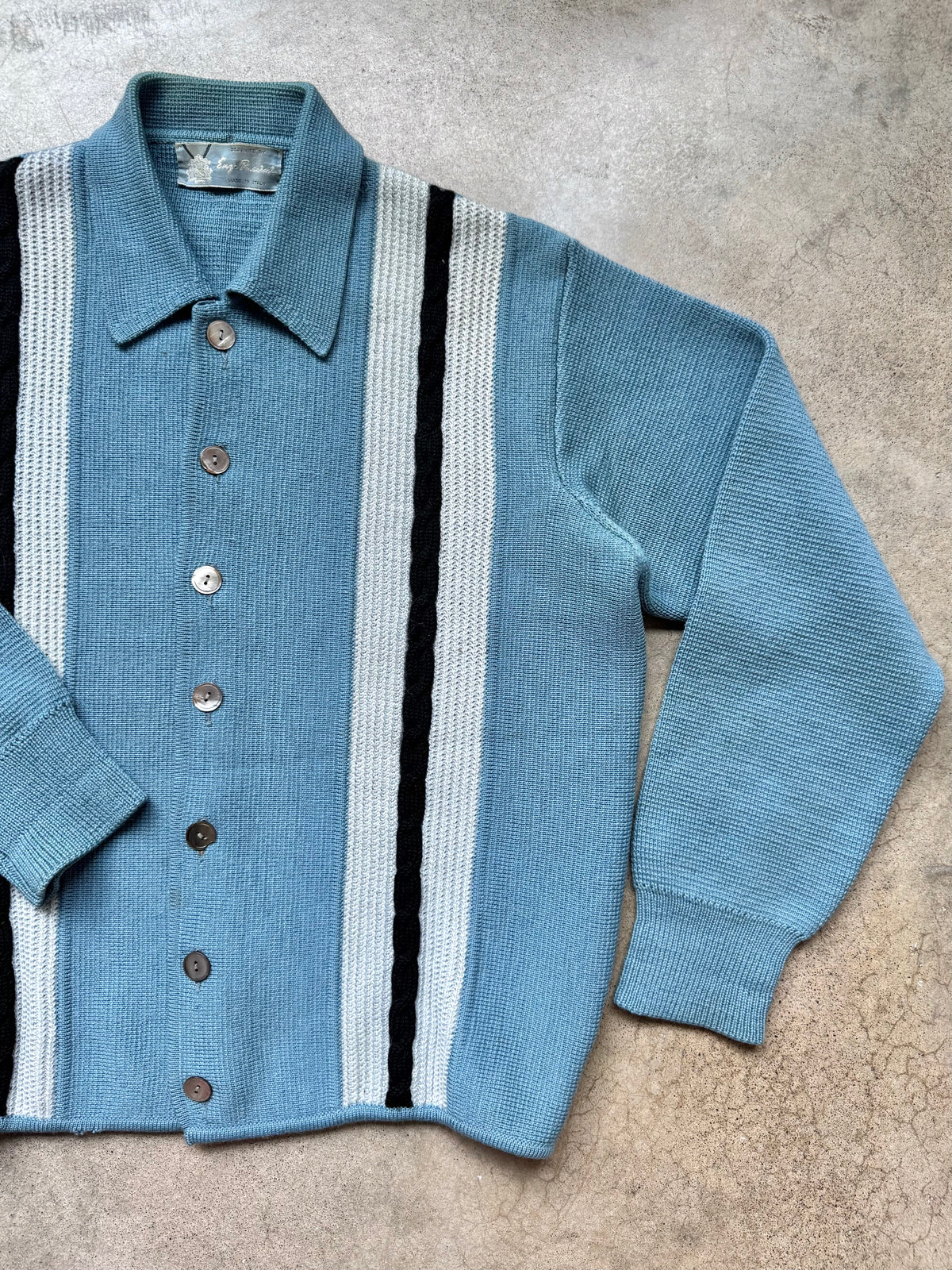 Vintage 1950’s Enzo Puccini Italian Blue Striped Wool Knit Cardigan | Medium