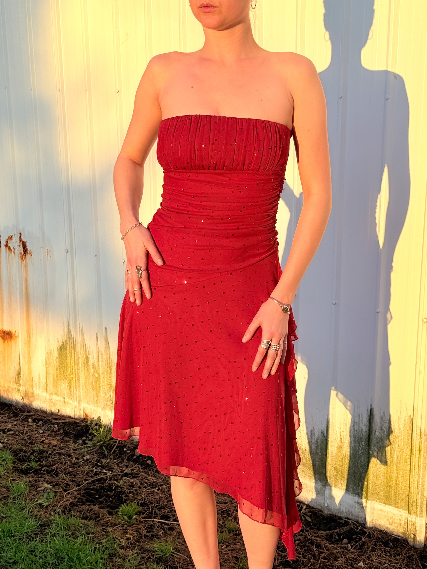 2000s Teeze Me Red Sequin Strapless Ruched Asymmetrical Dress | Small