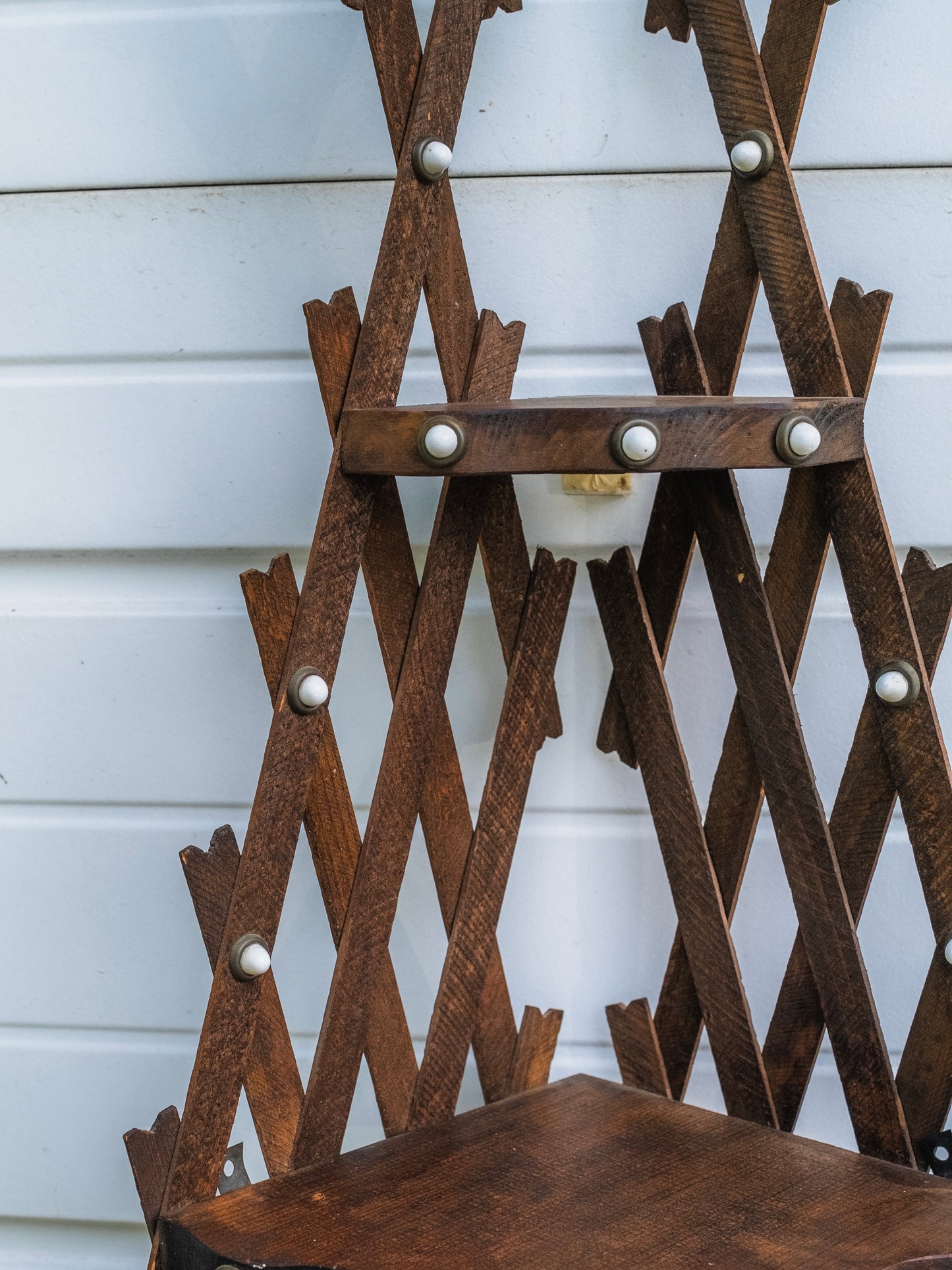Antique Victorian Tramp Art Lattice 3-Tier Corner Shelf