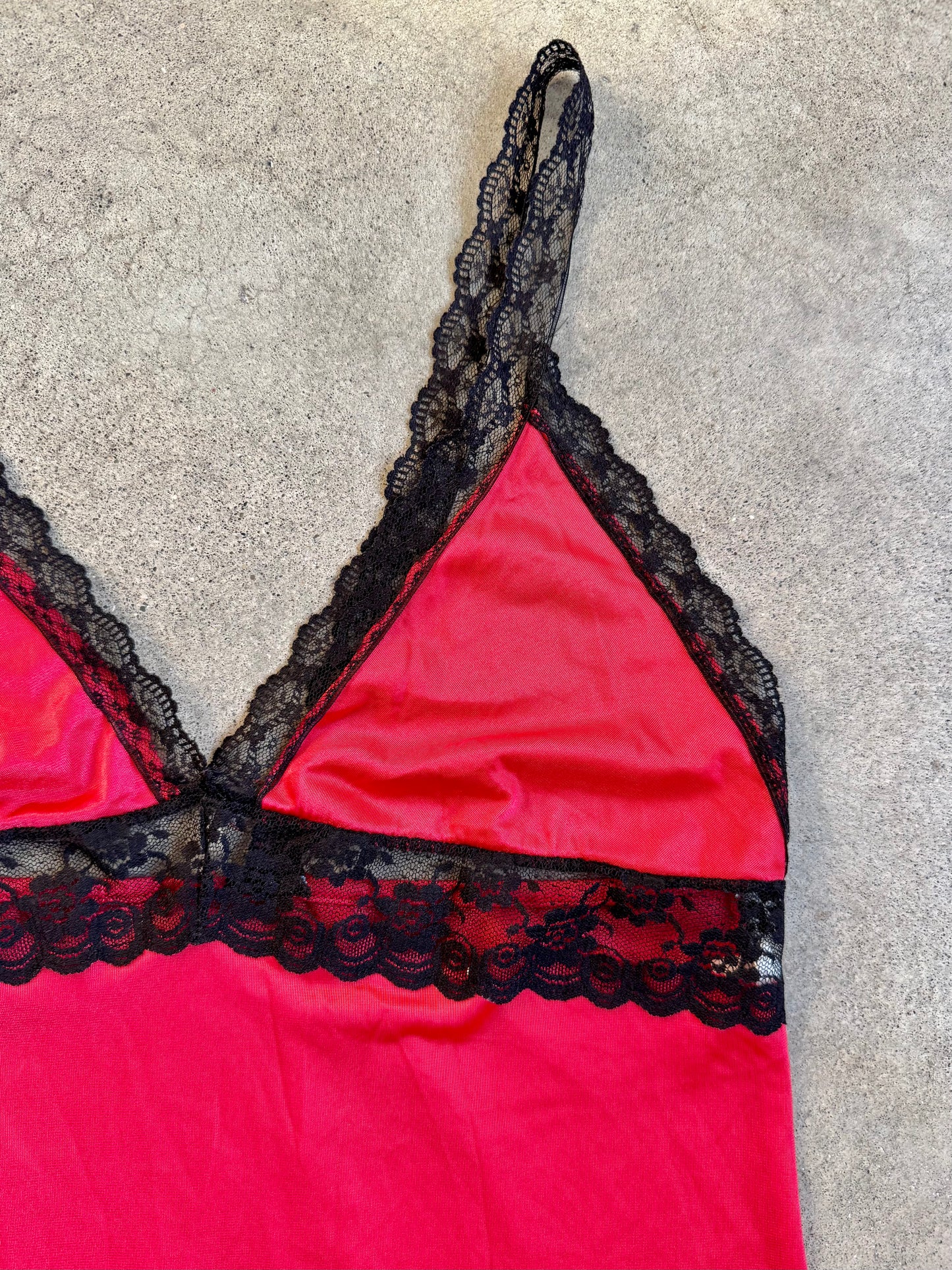 Vintage 1970s By Beverly Red & Black Lace Trim Maxi Slip Dress | Small