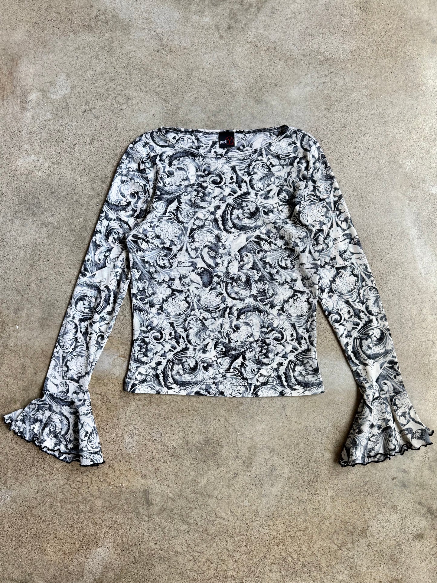 Vintage 1990s Studio Y Grey Baroque Print Ruffle Sleeve Mesh Top | Small