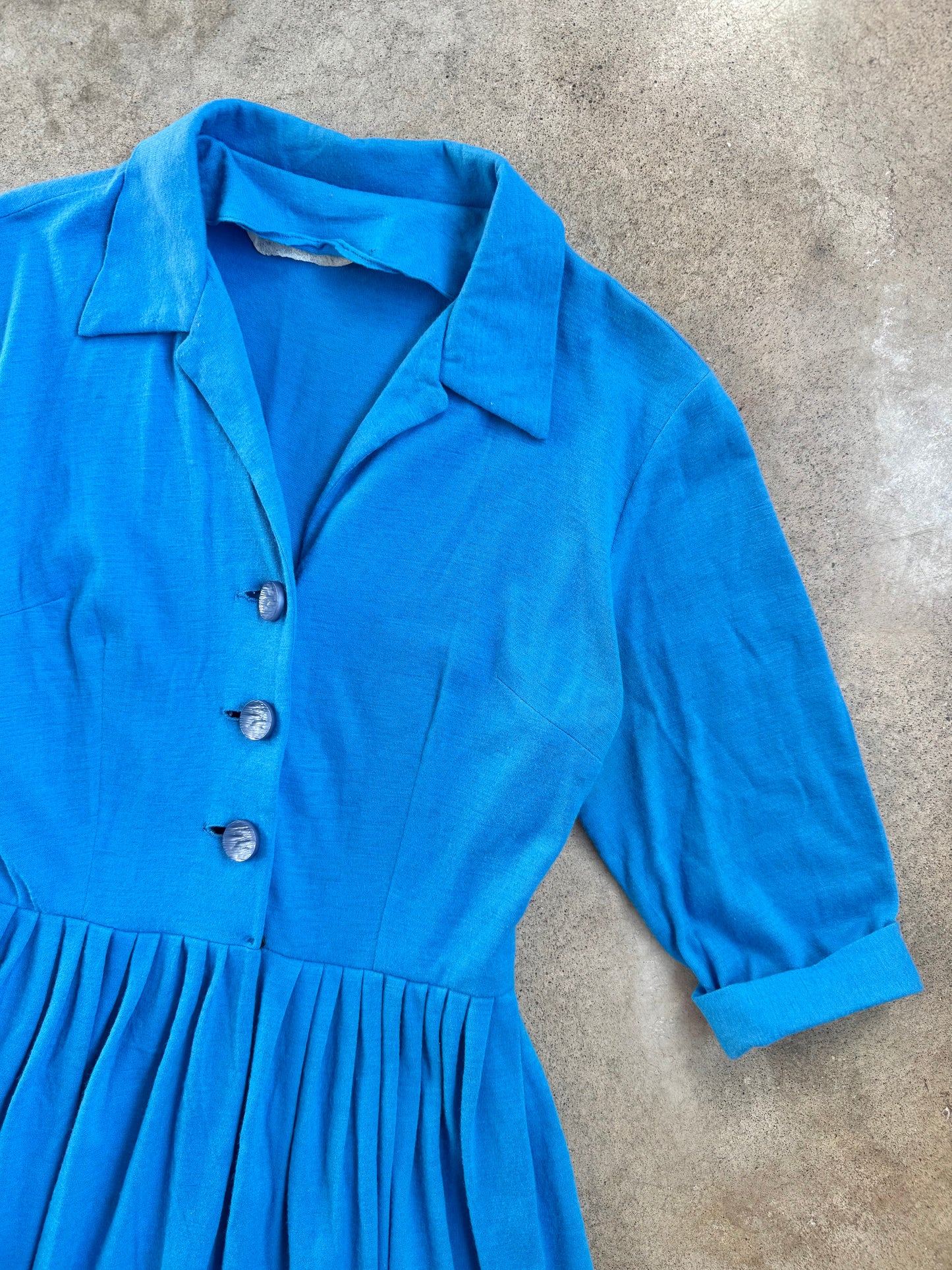 Vintage 1950s Blue Button-Front Pleated Shirtwaist Dress | Small