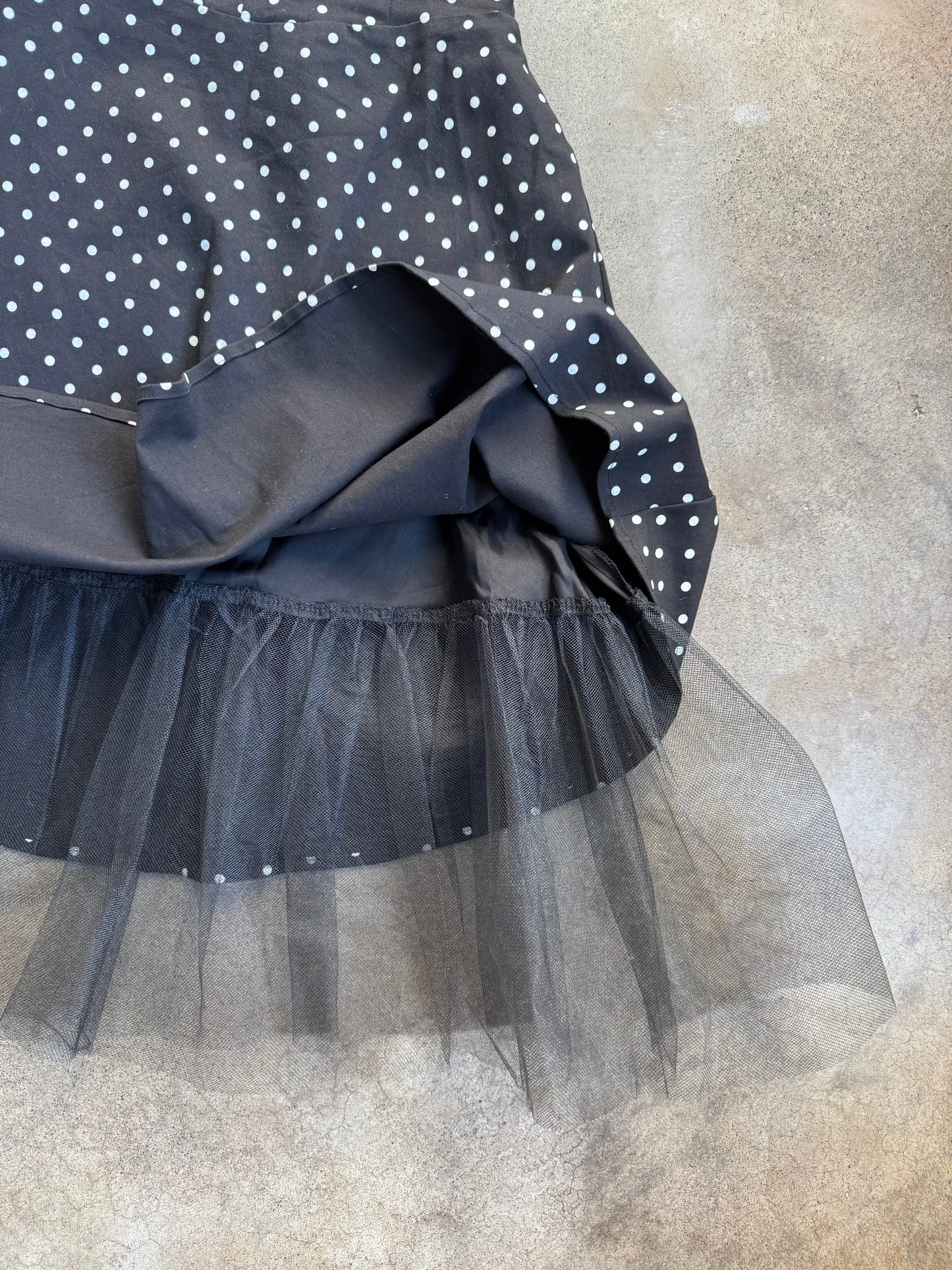 Vintage 1980s Handmade Black & White Polka Dot Tulle Trim Skirt | Small