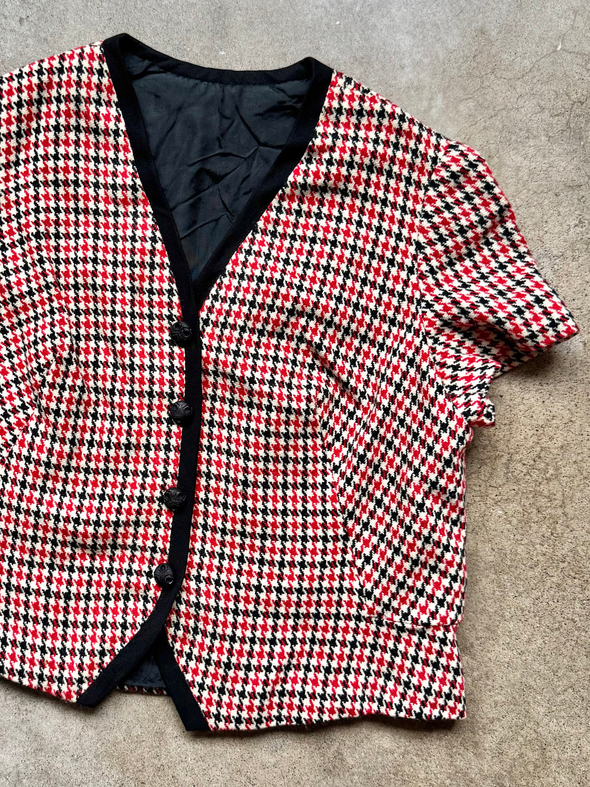 Vintage 1960s Red & Black Houndstooth Wool Short Sleeve Blouse | Small