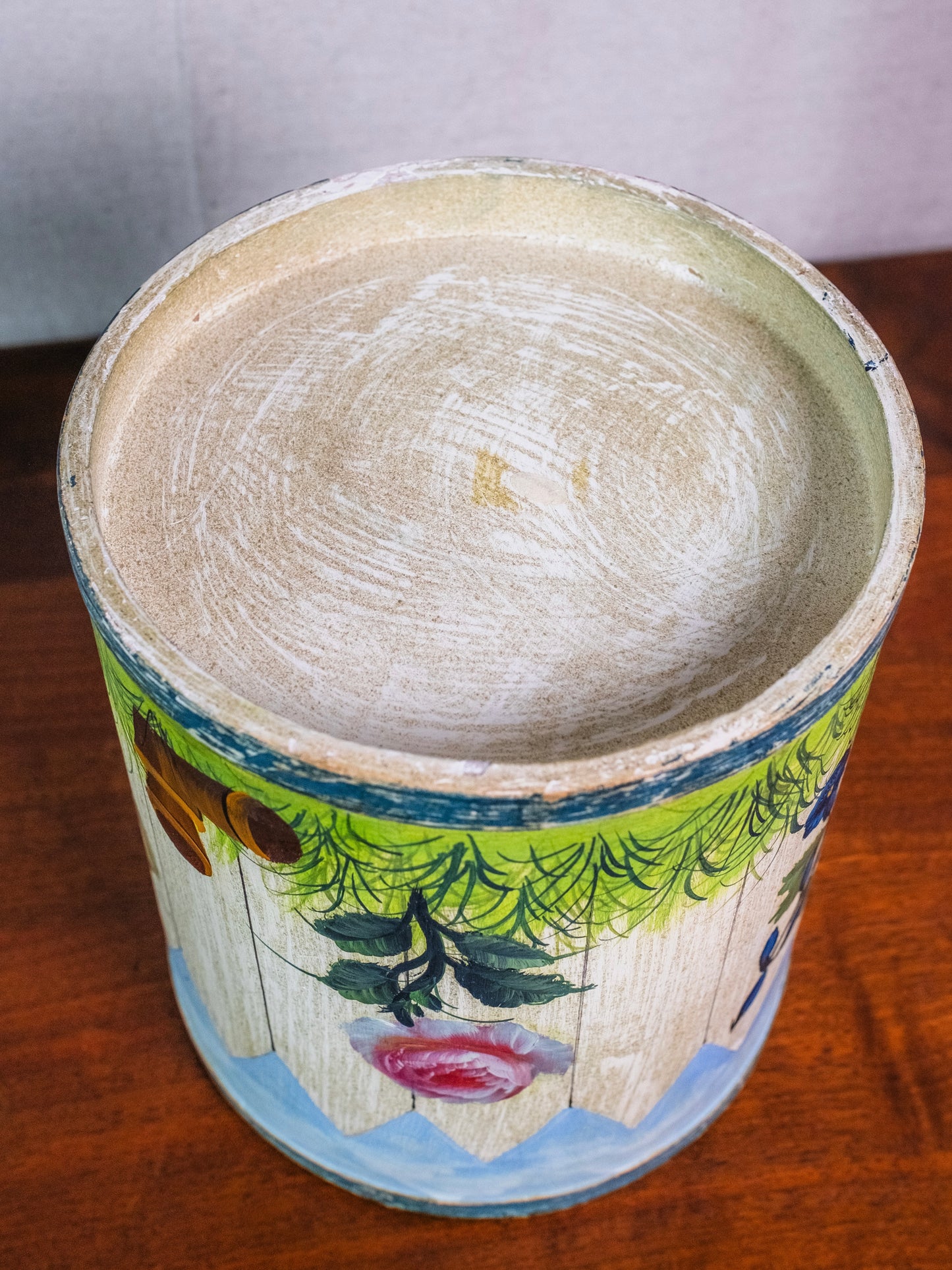 Vintage Italian Tole Hand-Painted Picket Fence Spring Flower Trash Bin
