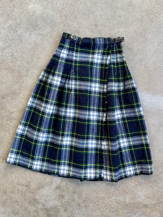 Vintage Green & Navy Tartan Plaid Wool Kilt | XS