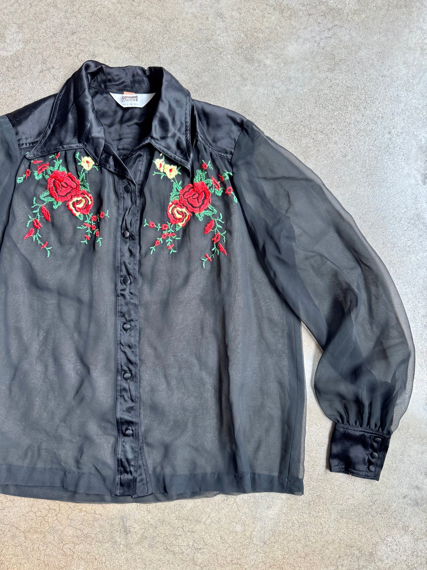 Vintage 1970s/80s Montgomery Ward Black Sheer Floral Embroidered Blouse | L/XL