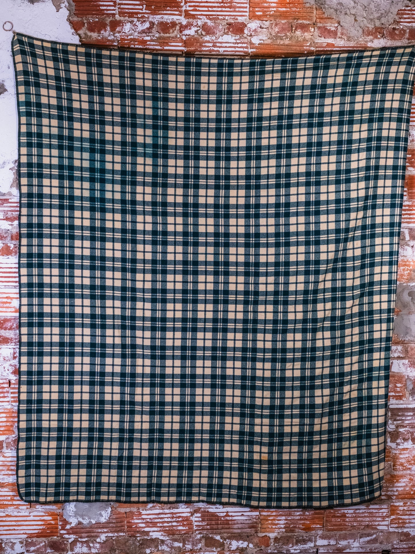 Vintage Green & Cream Plaid Wool Camp Blanket