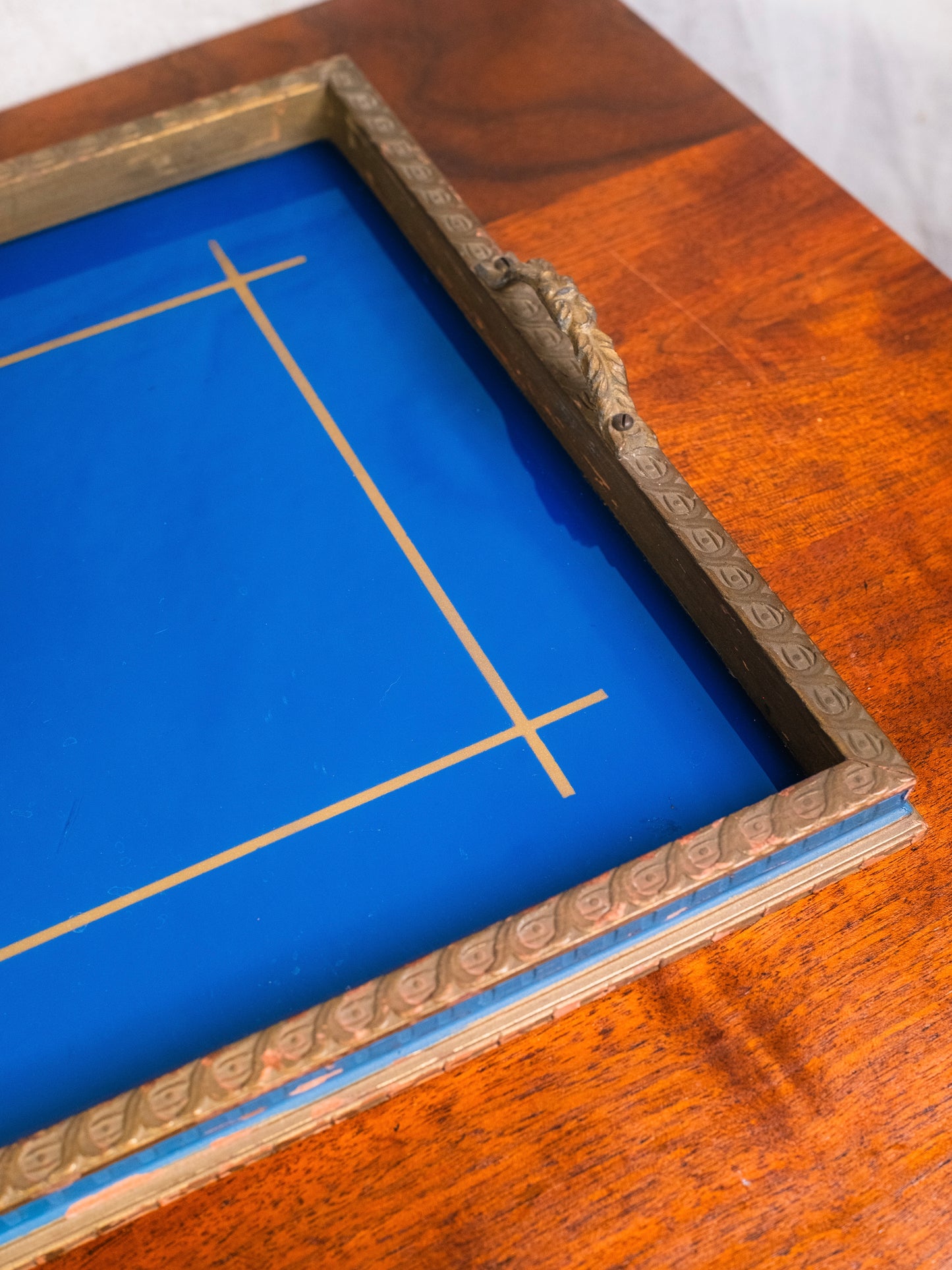 Antique 1920s Blue Reverse Painted Metal Handle Serving Tray