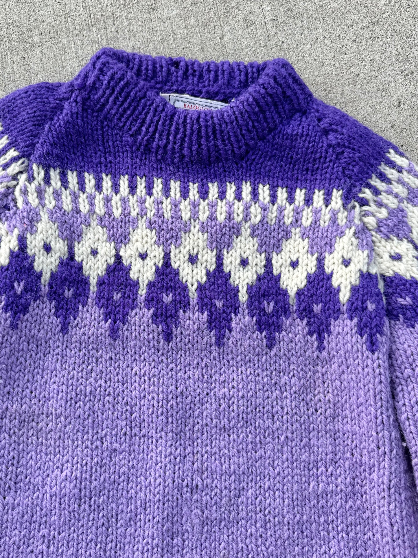 Vintage Baloglou Purple Fair Isle Wool Hand Knit Sweater | Large