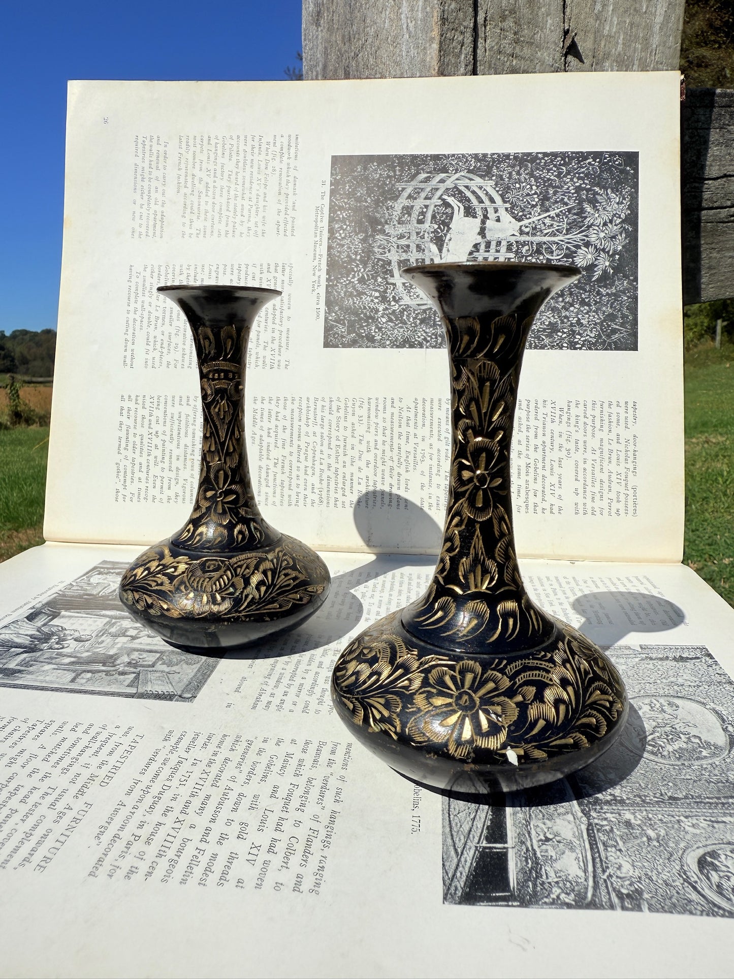 Vintage 1940s Solid Brass Etched Bud Vases | Set of 2