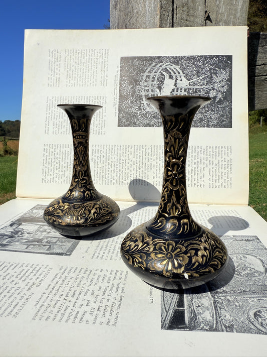 Vintage 1940s Solid Brass Etched Bud Vases | Set of 2