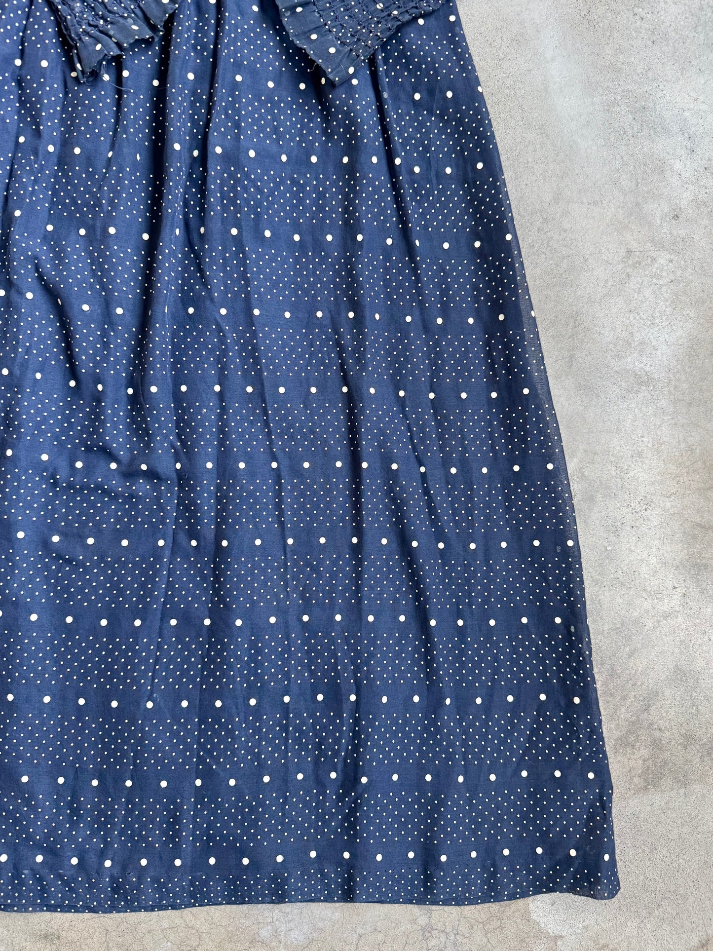 Vintage 1960s Bonwit Teller Navy Polka Dot Smocked Long Sleeve Maxi Dress | S/M